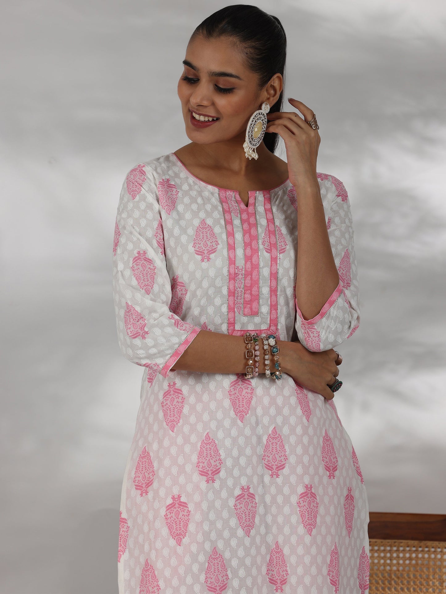 Off White Printed Cotton Straight Suit With Dupatta