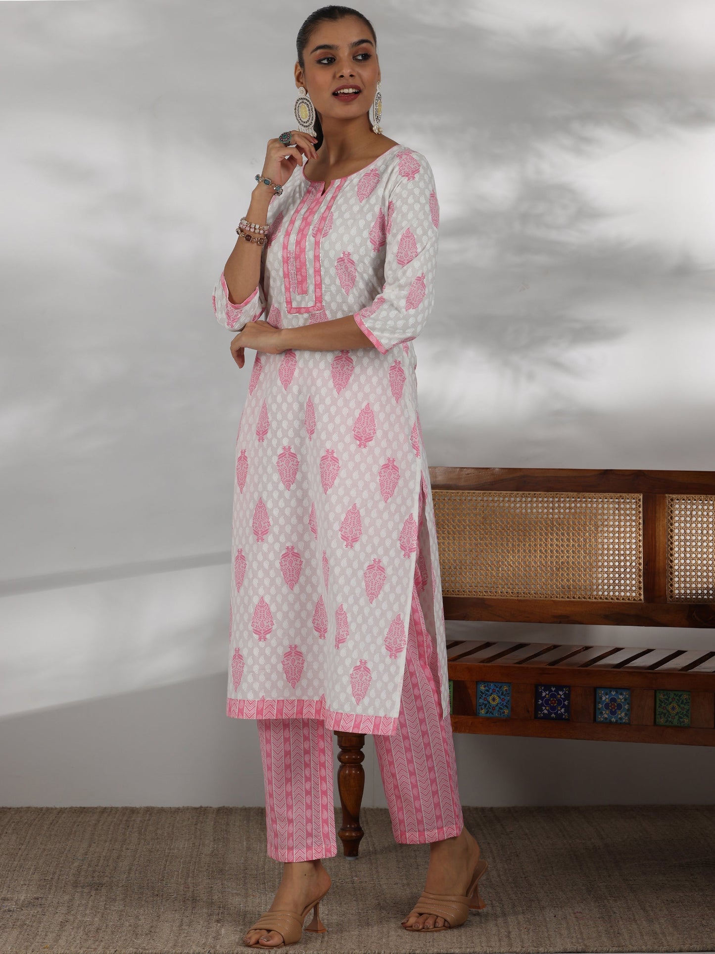 Off White Printed Cotton Straight Suit With Dupatta