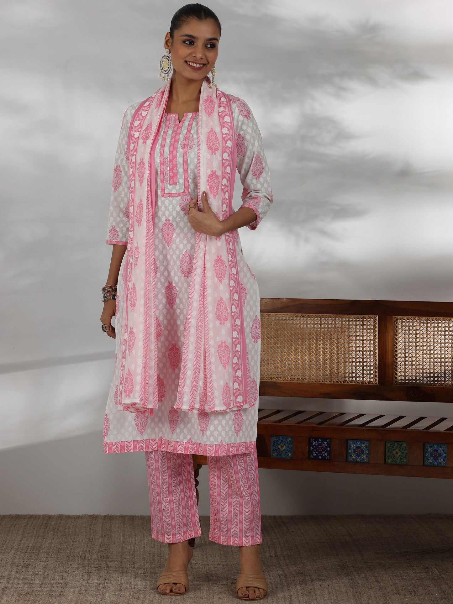 Off White Printed Cotton Straight Suit With Dupatta