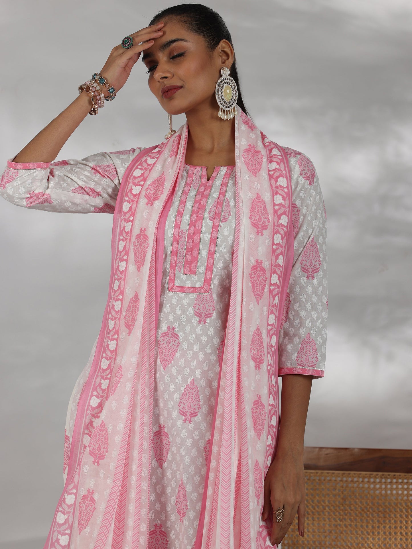 Off White Printed Cotton Straight Suit With Dupatta