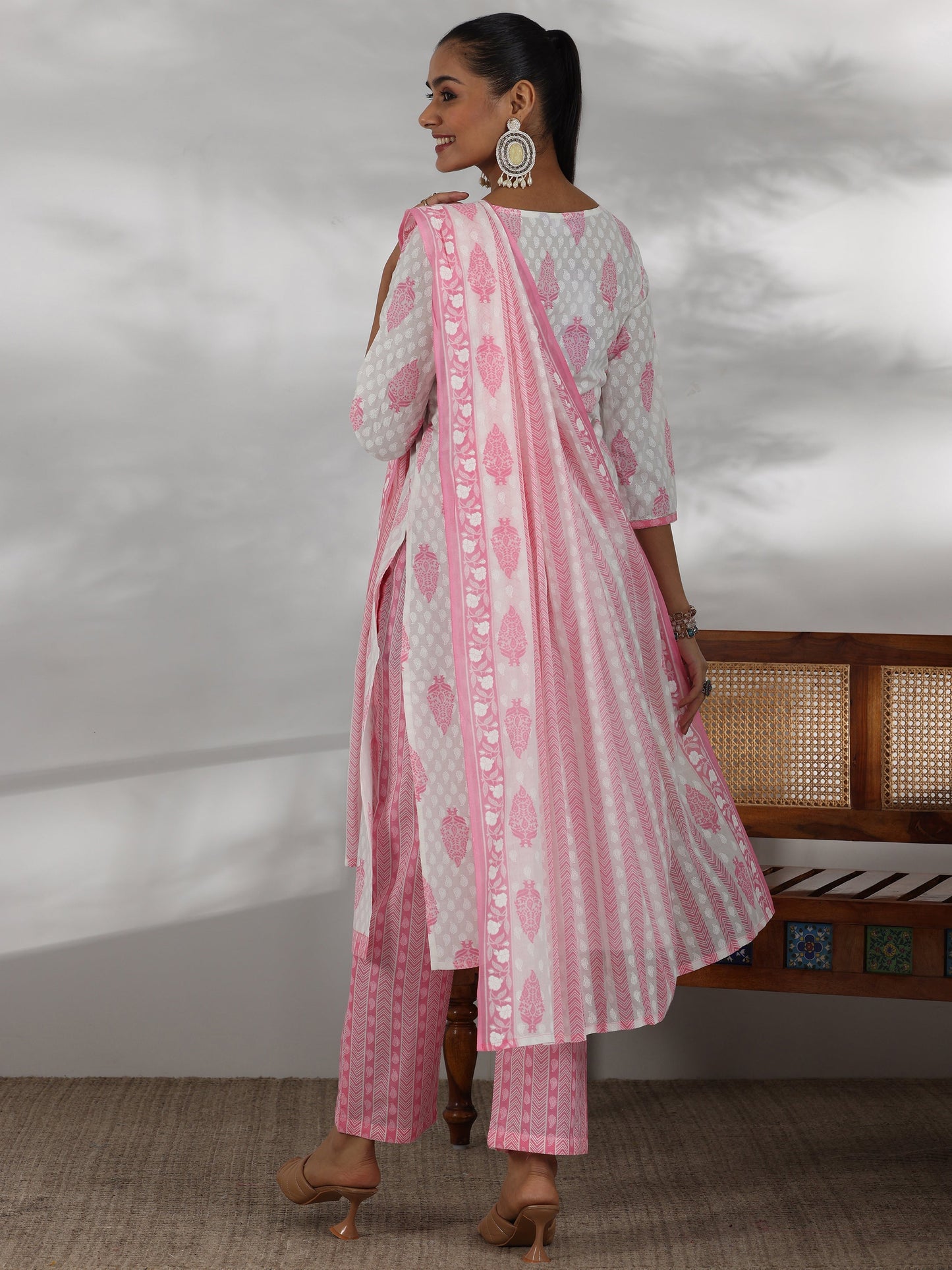 Off White Printed Cotton Straight Suit With Dupatta