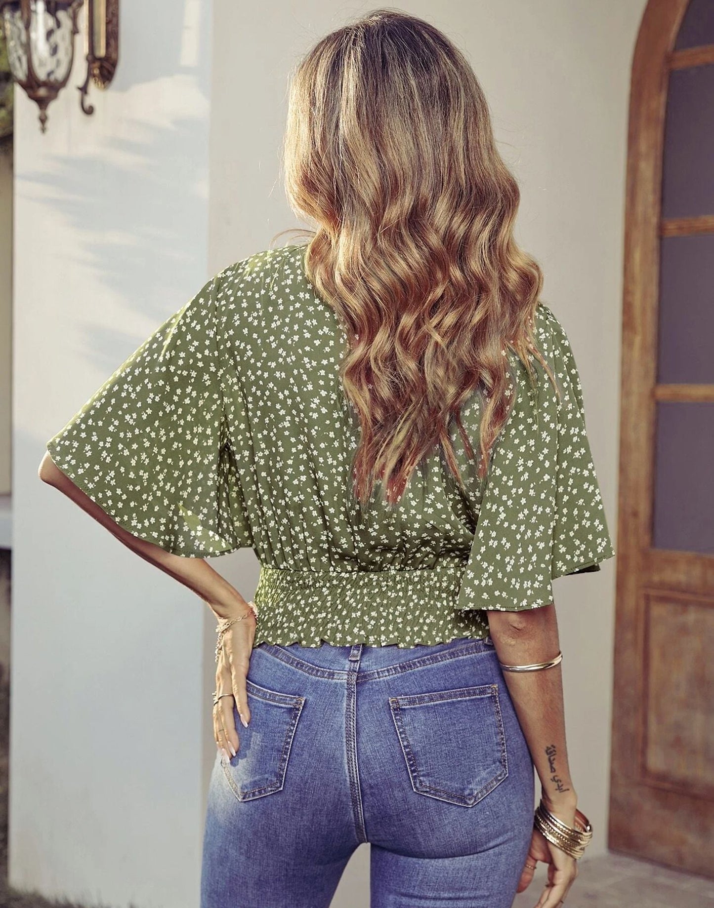 Green Butterfly Sleeve Printed Top