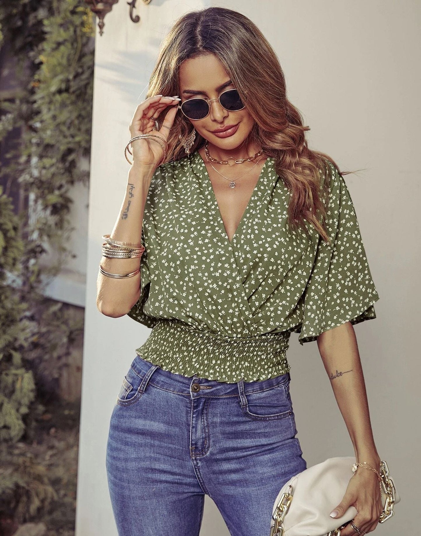 Green Butterfly Sleeve Printed Top