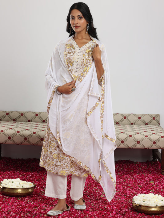 Off White Printed Cotton Straight Suit With Dupatta