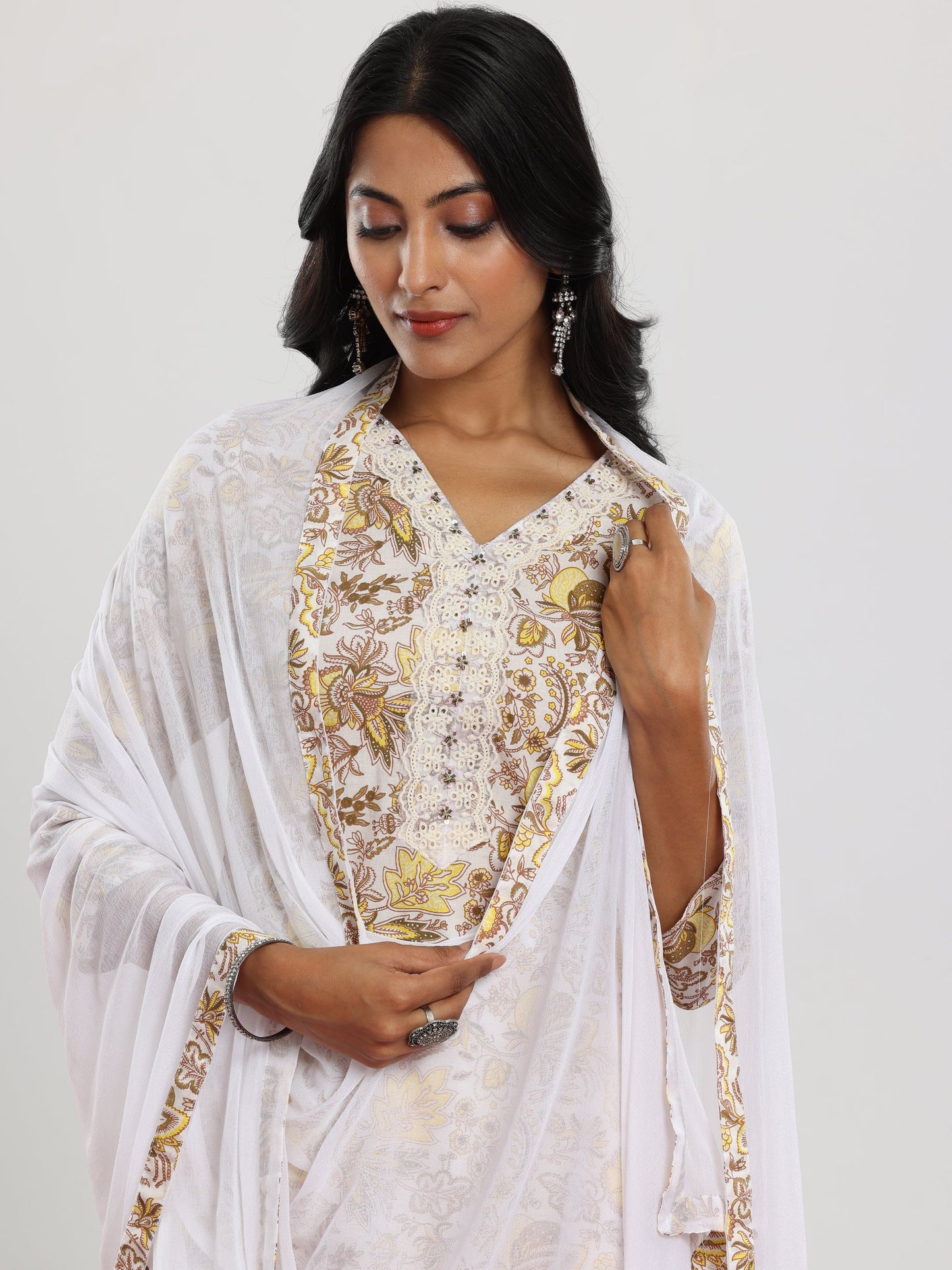 Off White Printed Cotton Straight Suit With Dupatta