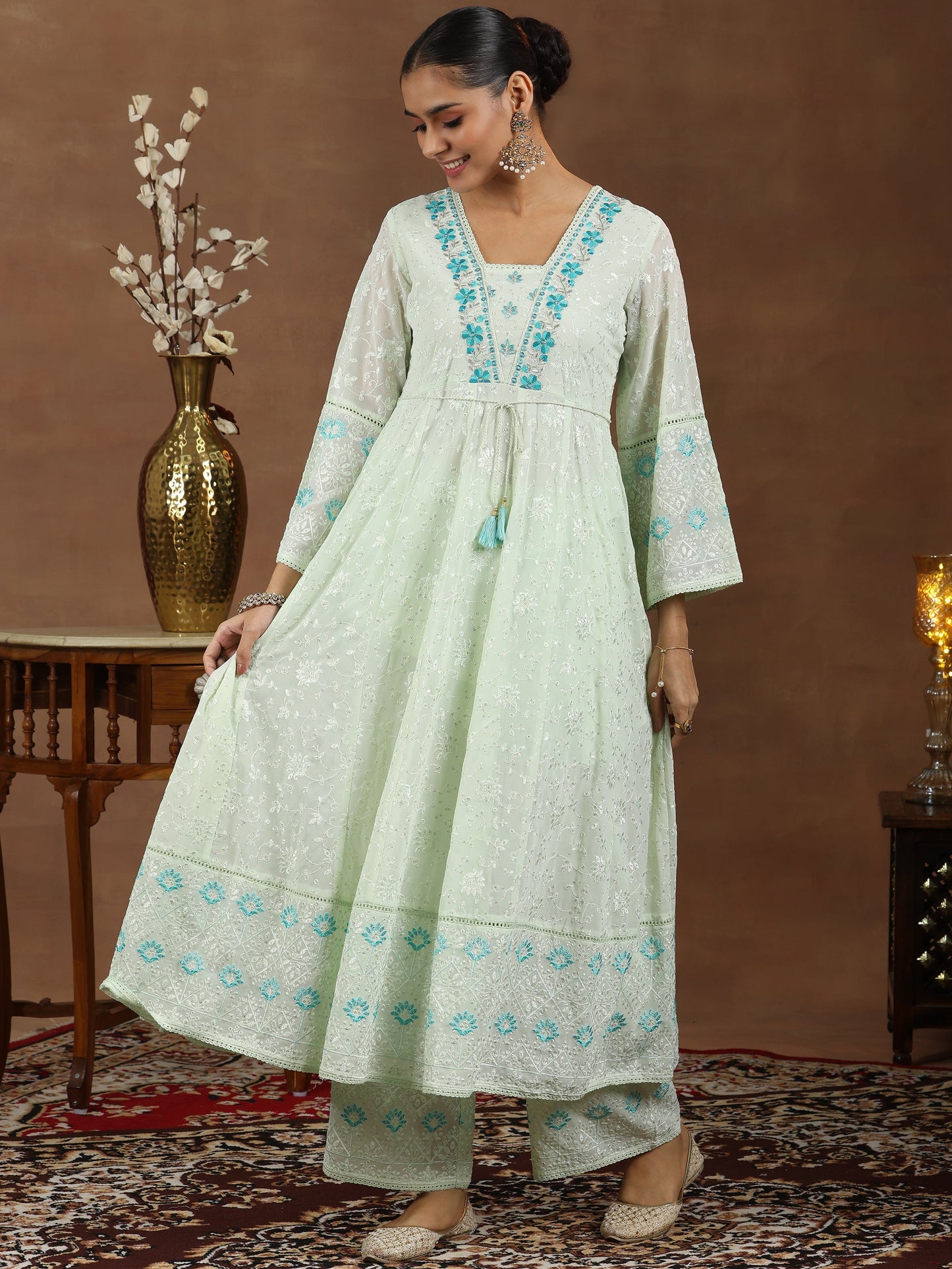 Green Embroidered Georgette Anarkali Suit With Dupatta