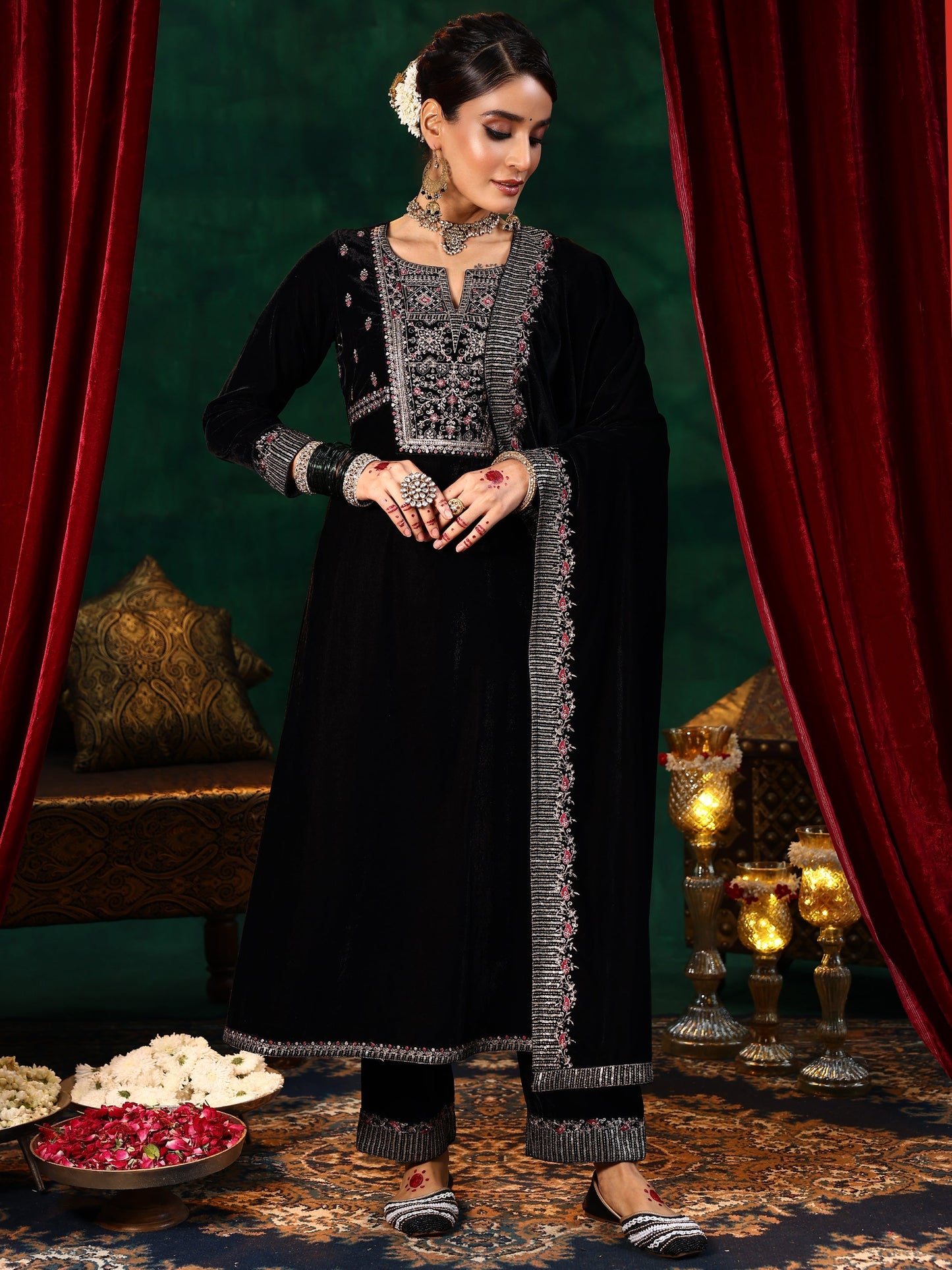 Black Embroidered Velvet A-line Kurta  With Trousers & Dupatta