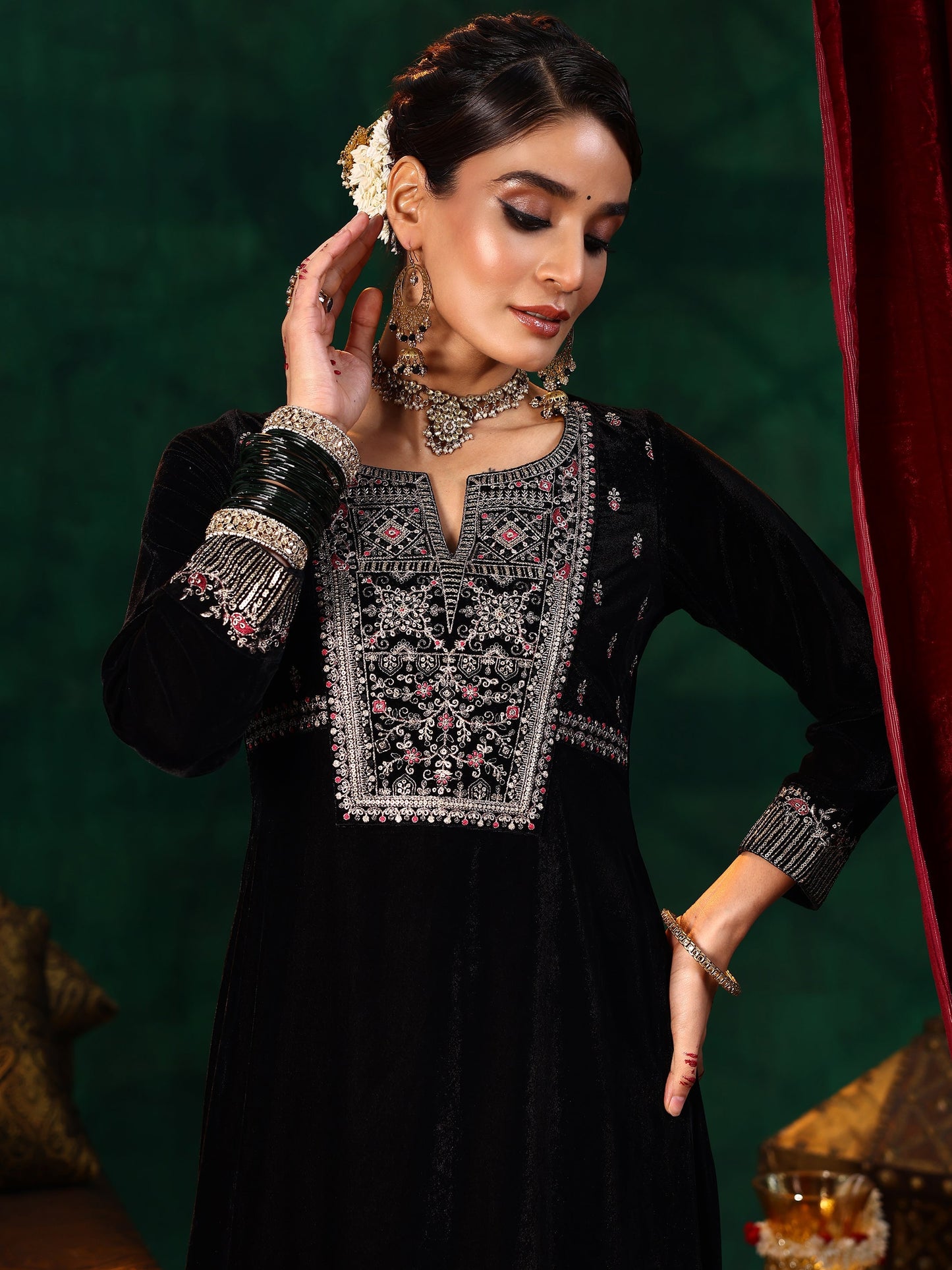 Black Embroidered Velvet A-line Kurta  With Trousers & Dupatta