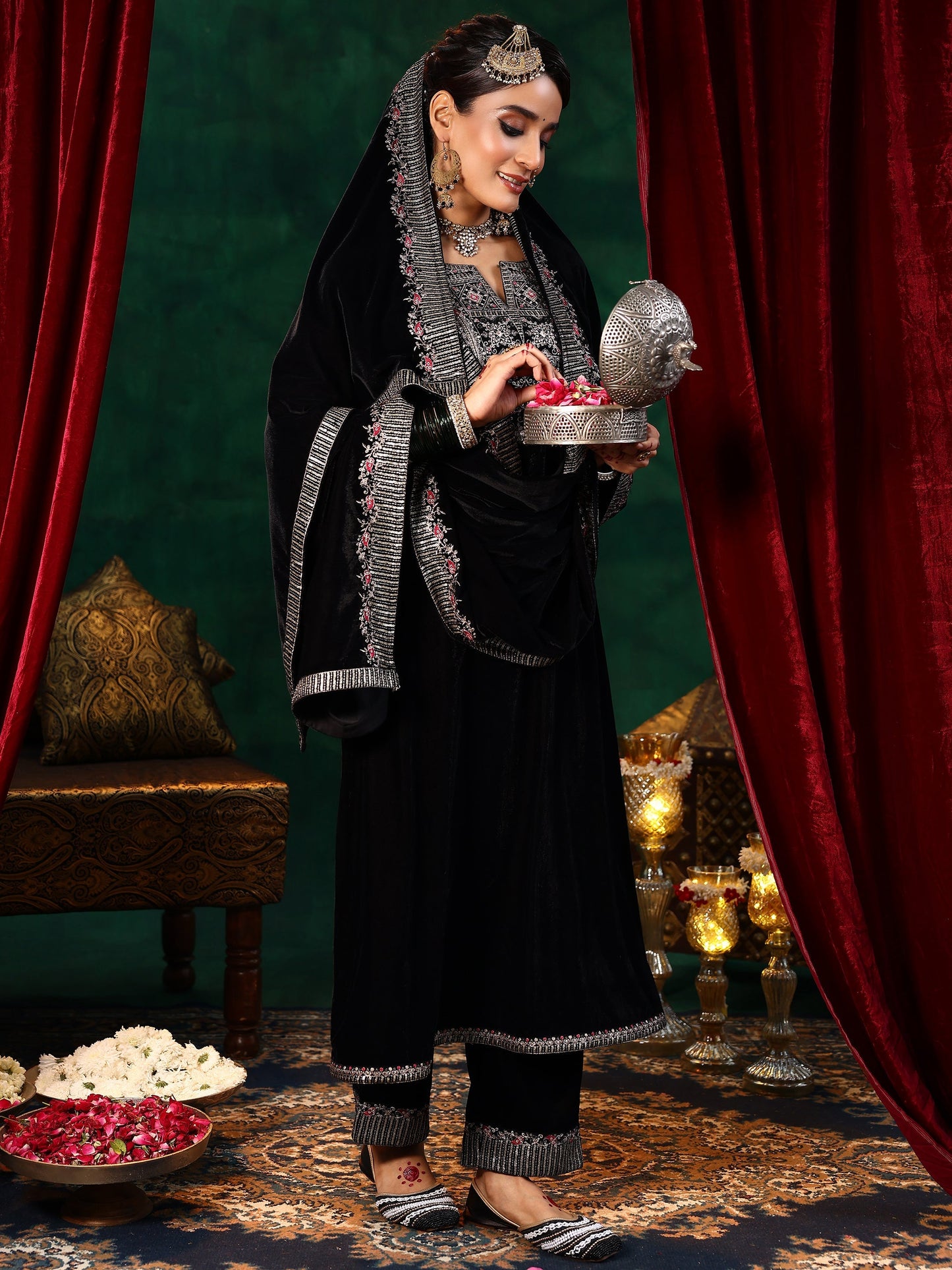 Black Embroidered Velvet A-line Kurta  With Trousers & Dupatta