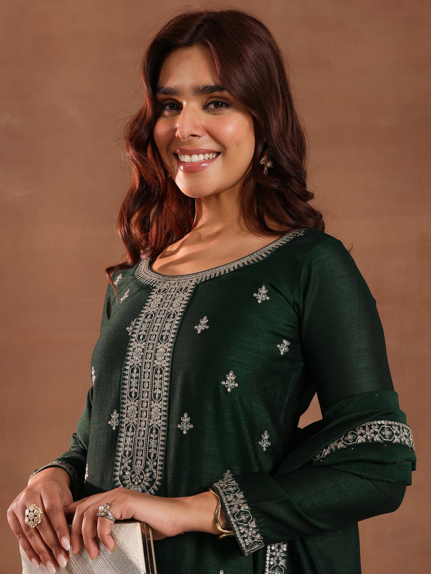 Green Embroidered Silk Blend Straight Suit With Dupatta