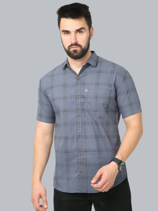 6line Grey Cotton Blend Checks Half Sleeve Shirt For Men