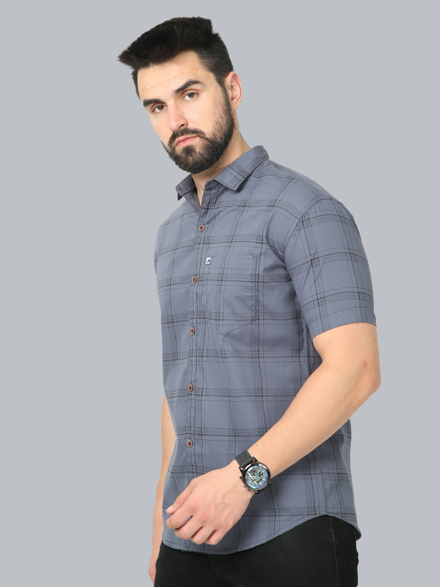 6line Grey Cotton Blend Checks Half Sleeve Shirt For Men