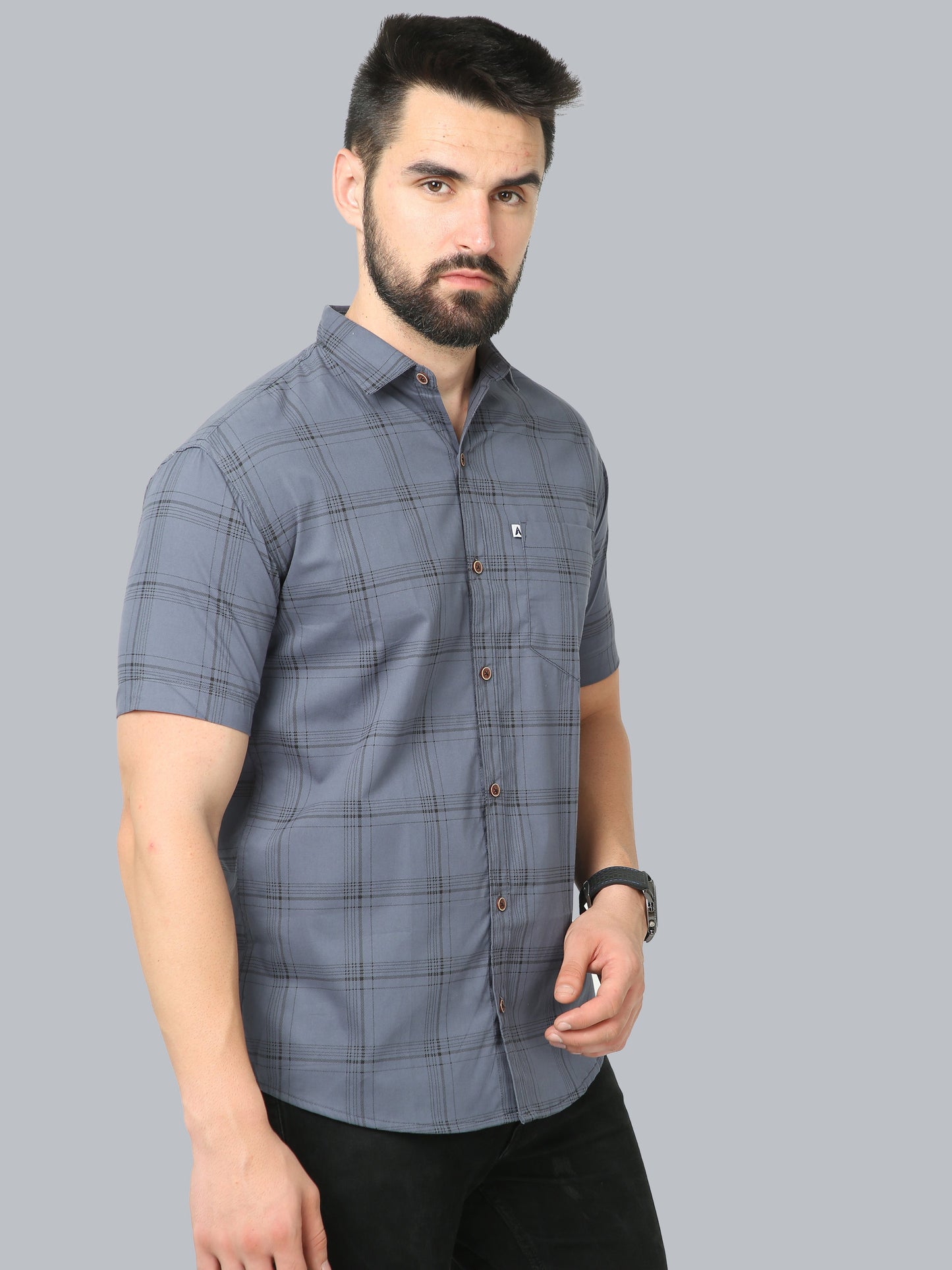 6line Grey Cotton Blend Checks Half Sleeve Shirt For Men