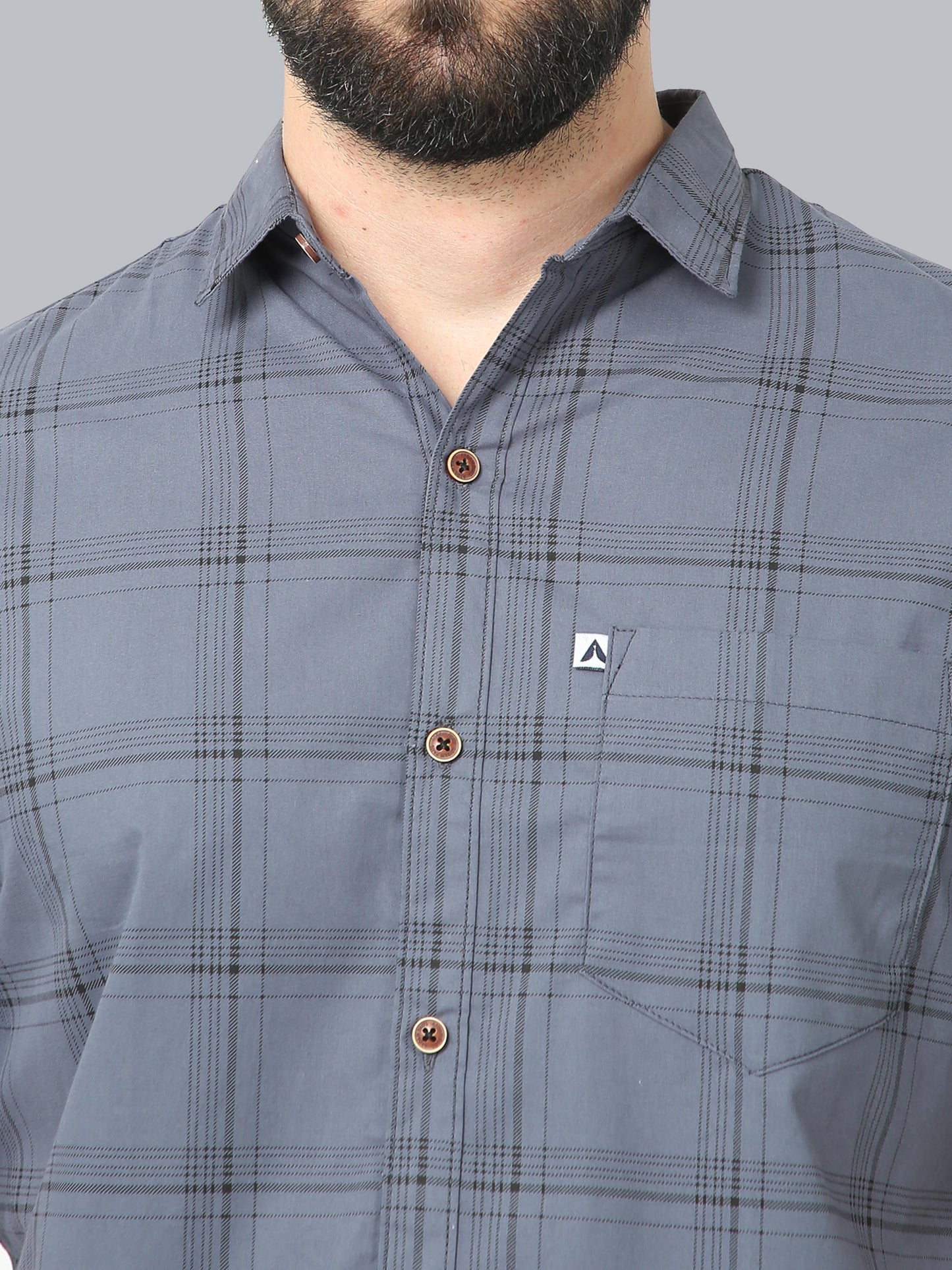 6line Grey Cotton Blend Checks Half Sleeve Shirt For Men