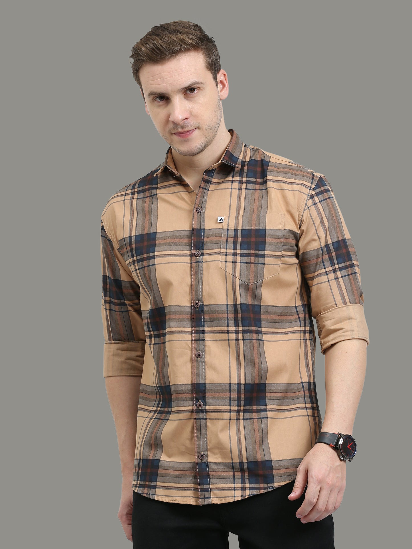 Broadchecks Orange Cotton Blend Checks Shirt For Men