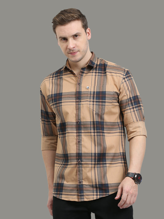 Broadchecks Orange Cotton Blend Checks Shirt For Men