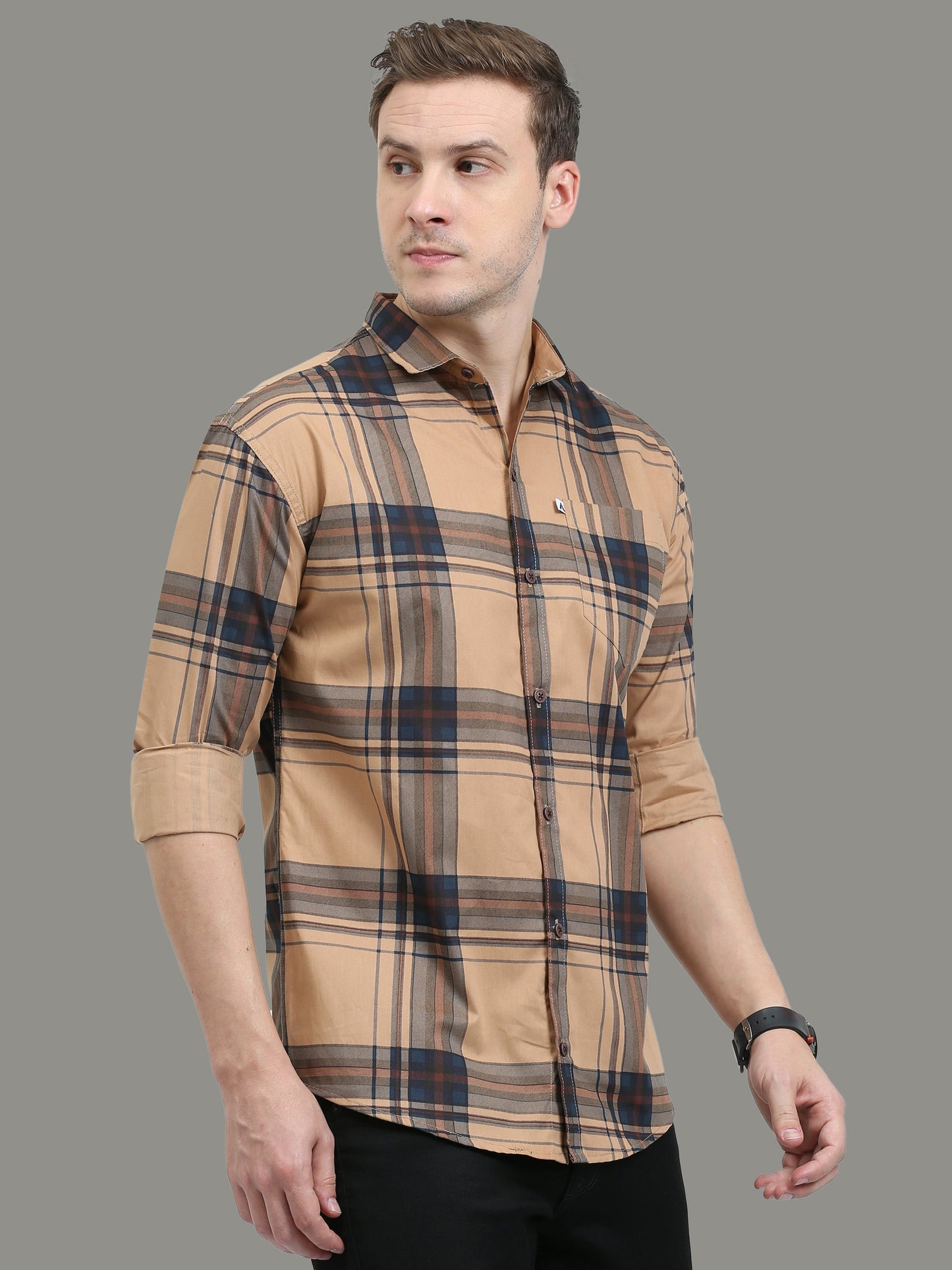 Broadchecks Orange Cotton Blend Checks Shirt For Men