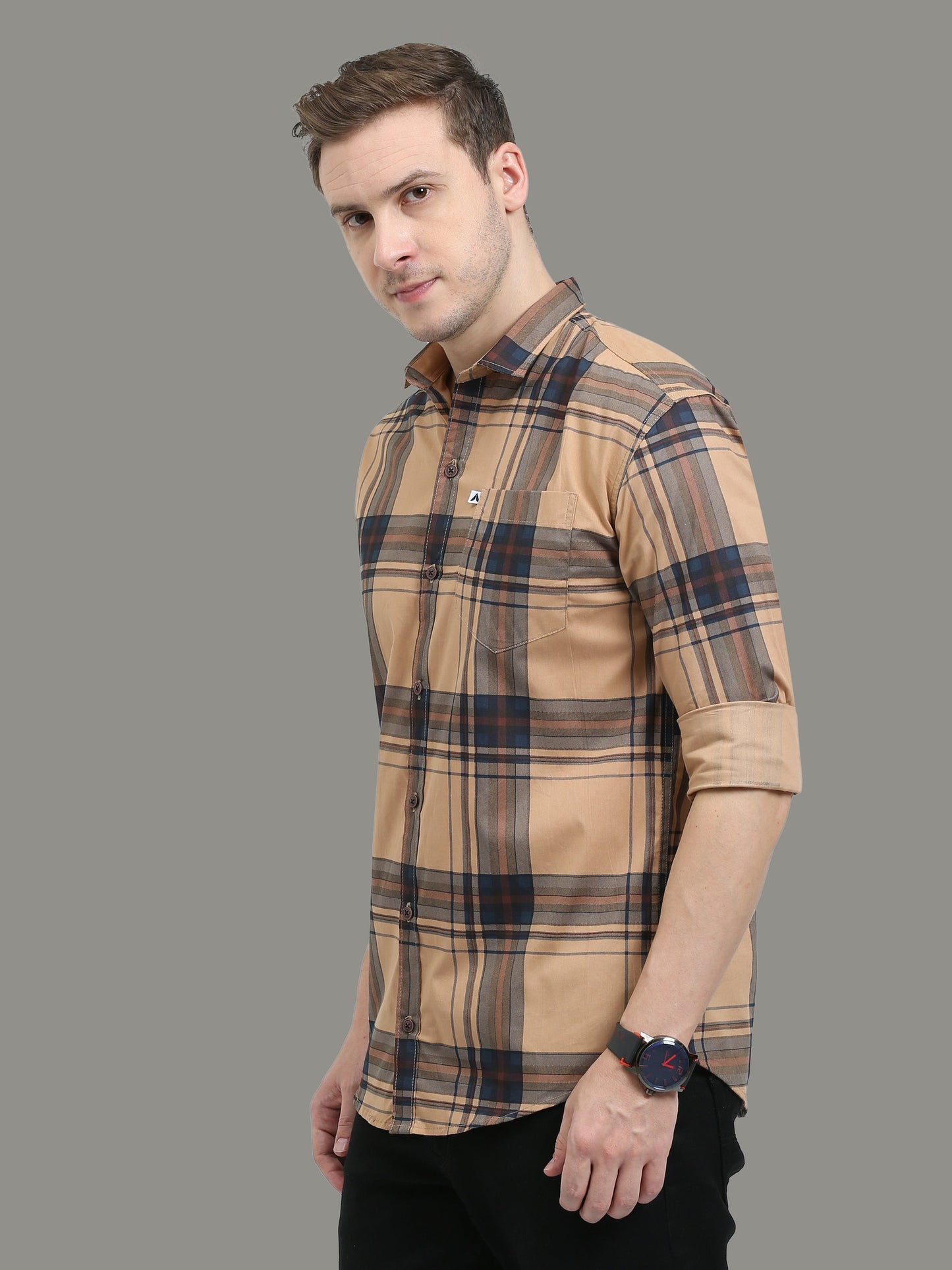 Broadchecks Orange Cotton Blend Checks Shirt For Men