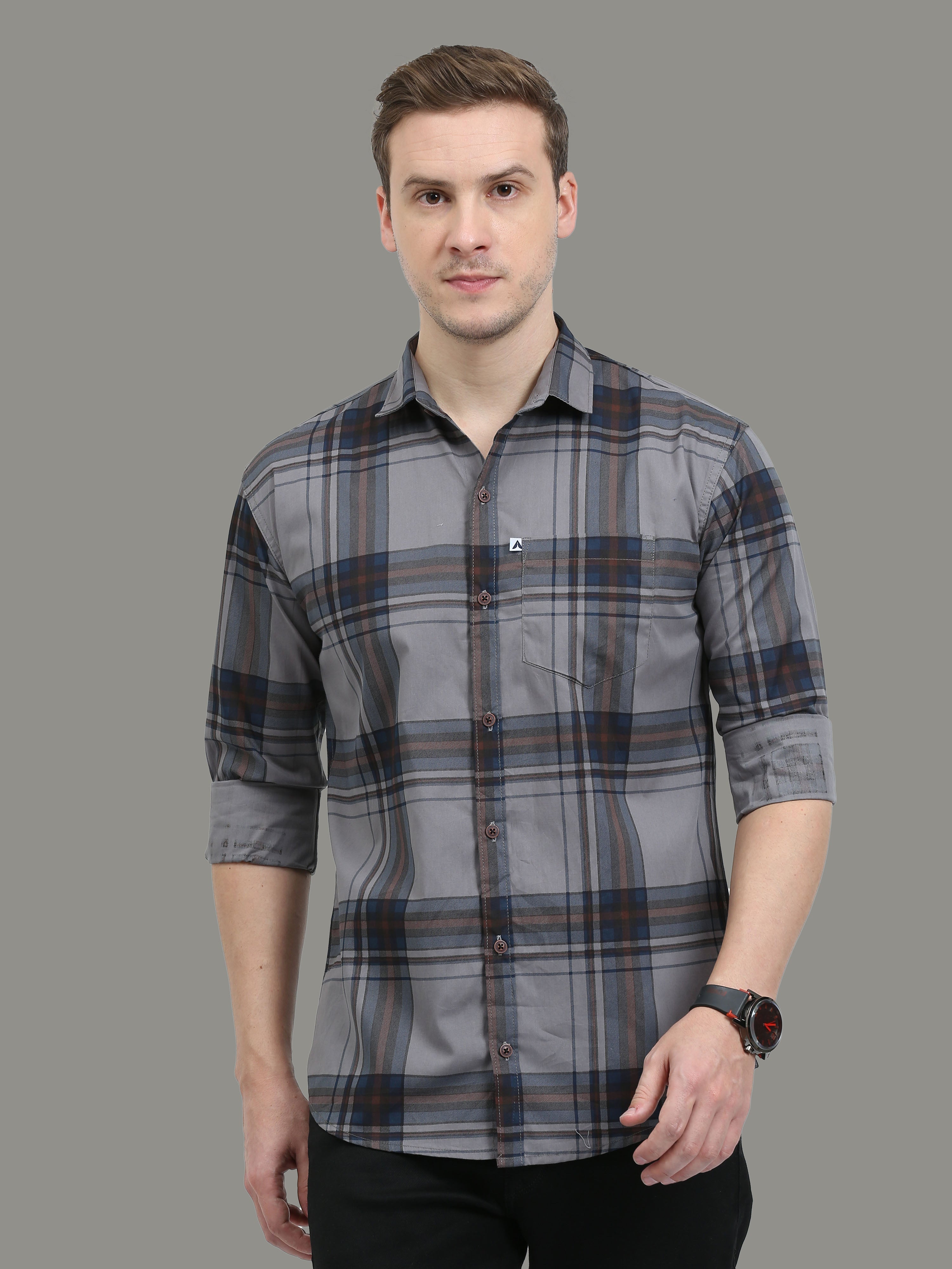 Broadchecks Grey Cotton Blend Checks Shirt For Men