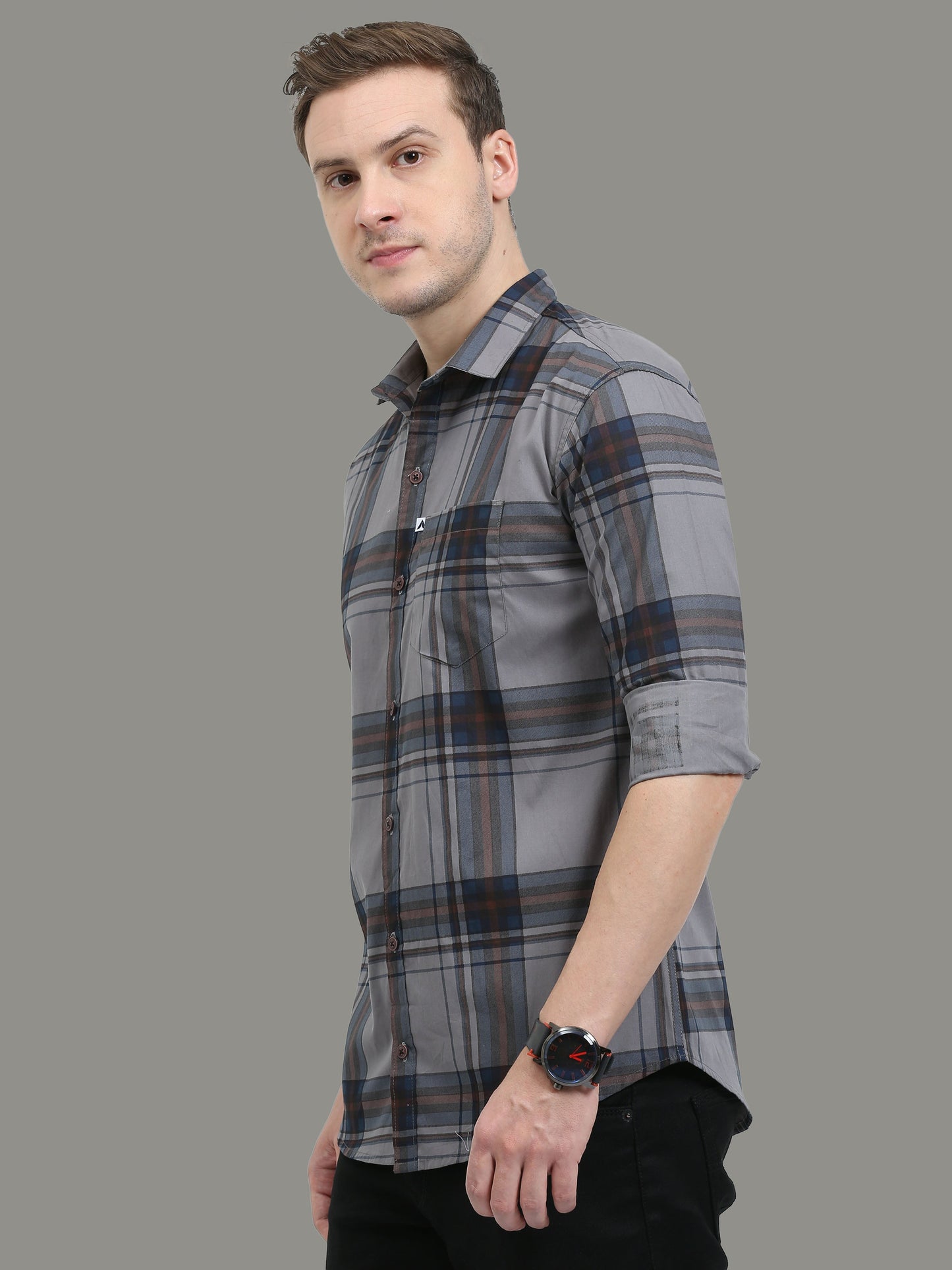 Broadchecks Grey Cotton Blend Checks Shirt For Men