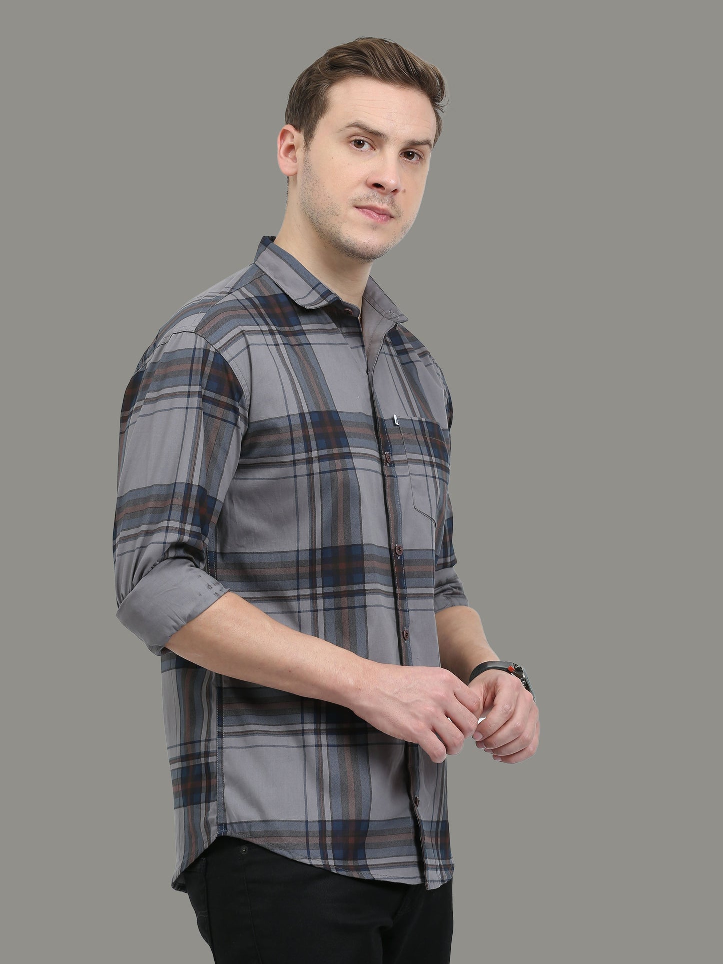 Broadchecks Grey Cotton Blend Checks Shirt For Men