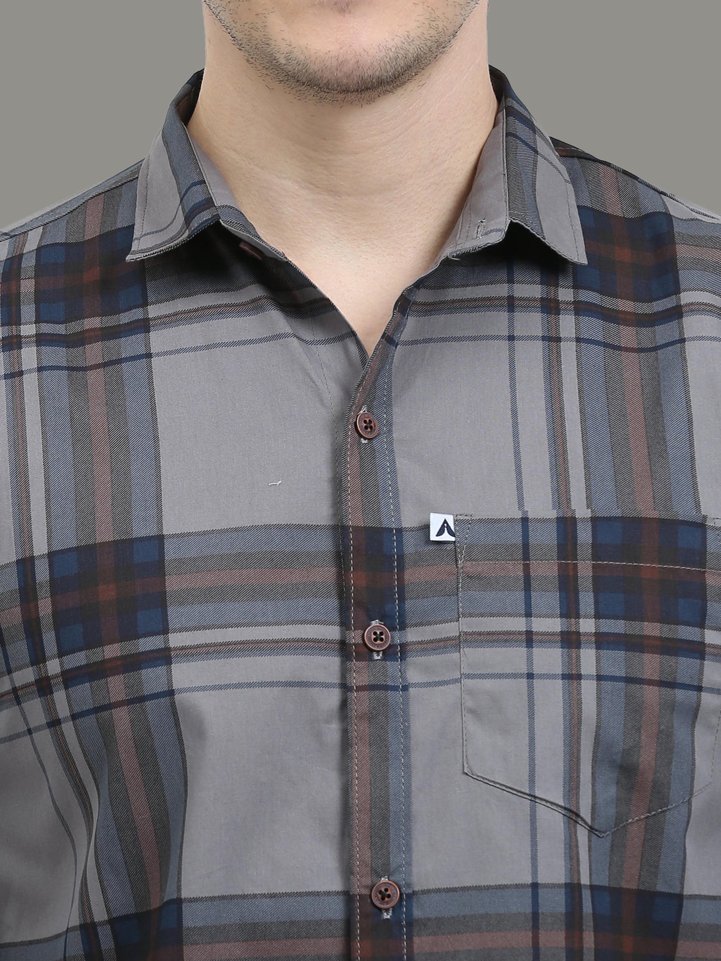 Broadchecks Grey Cotton Blend Checks Shirt For Men