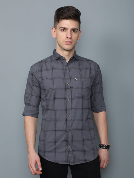 6line Grey Cotton Blend Checks Shirt For Men