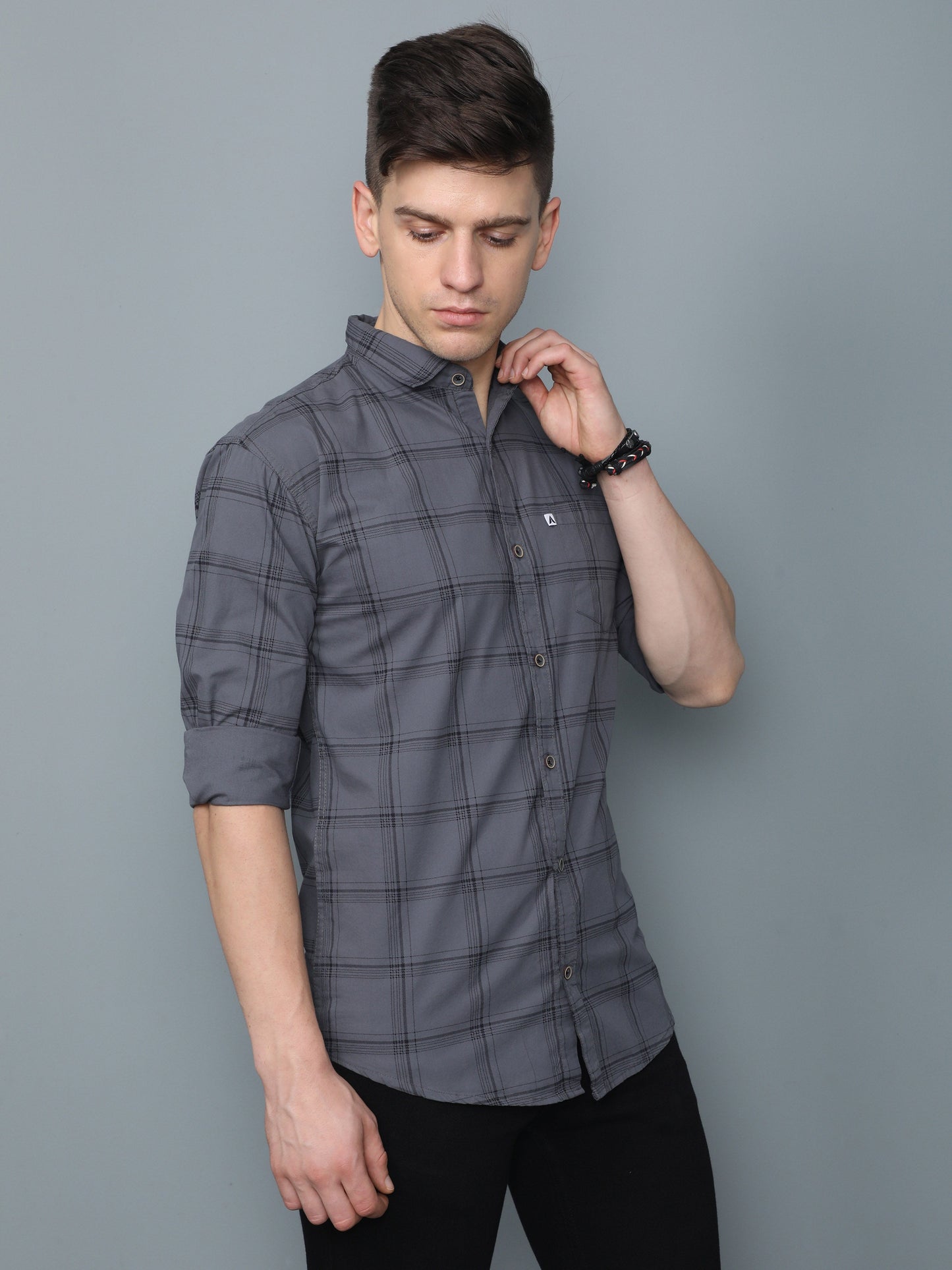 6line Grey Cotton Blend Checks Shirt For Men