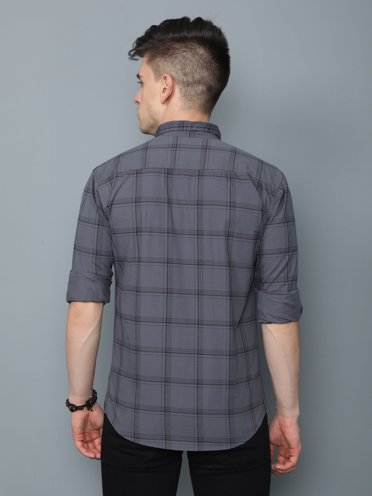 6line Grey Cotton Blend Checks Shirt For Men