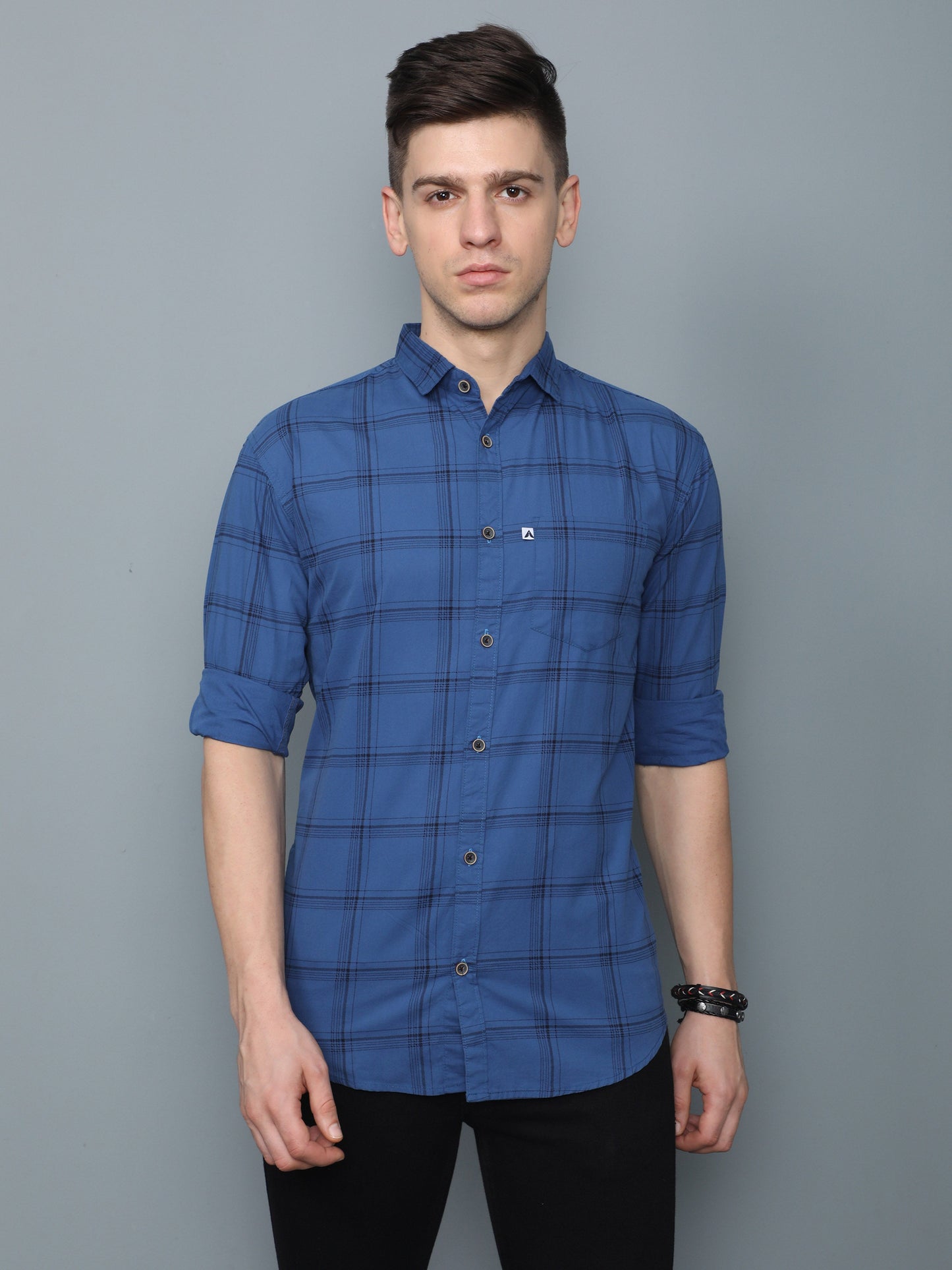 6line Navy Cotton Blend Checks Shirt For Men