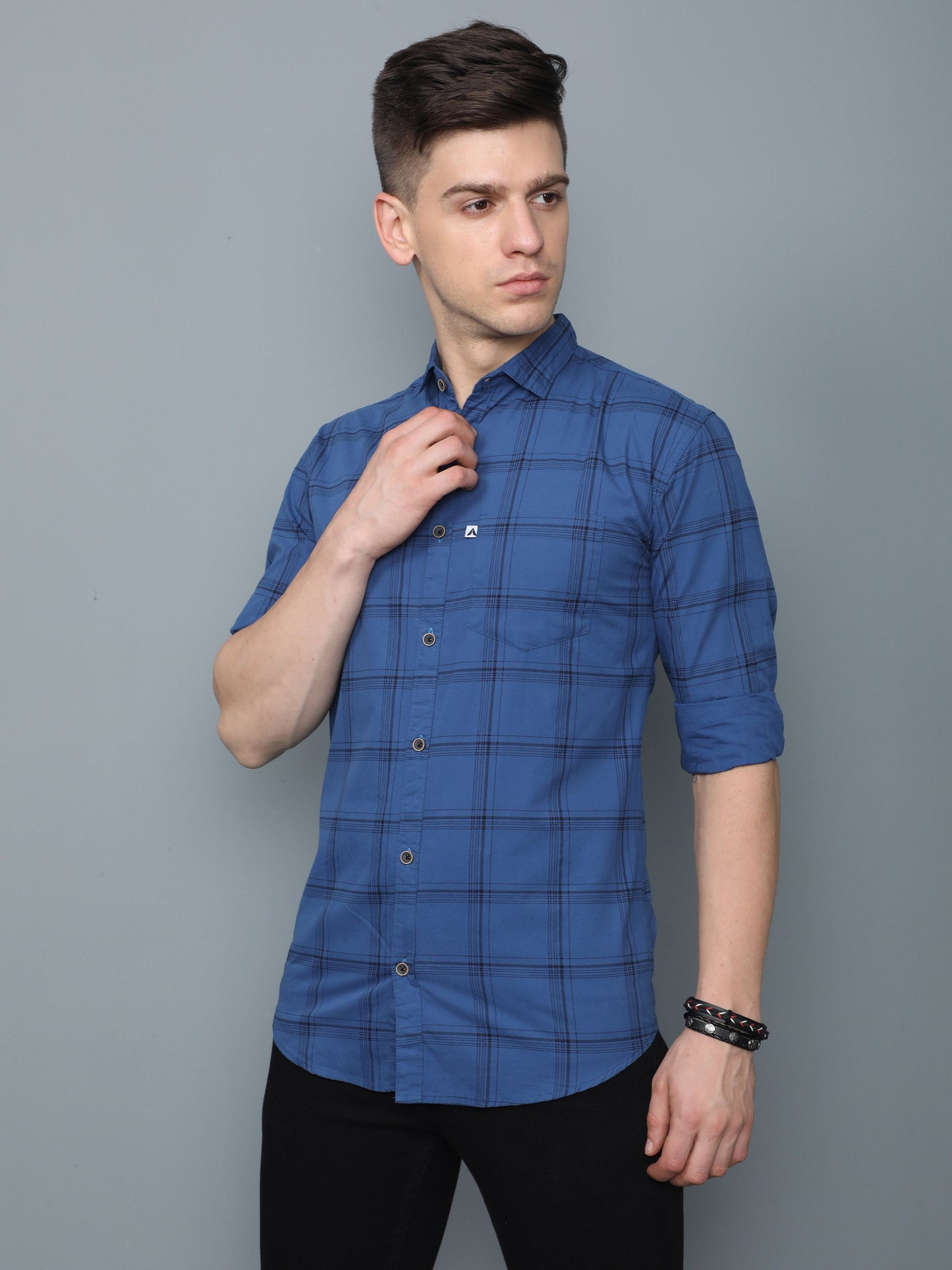 6line Navy Cotton Blend Checks Shirt For Men