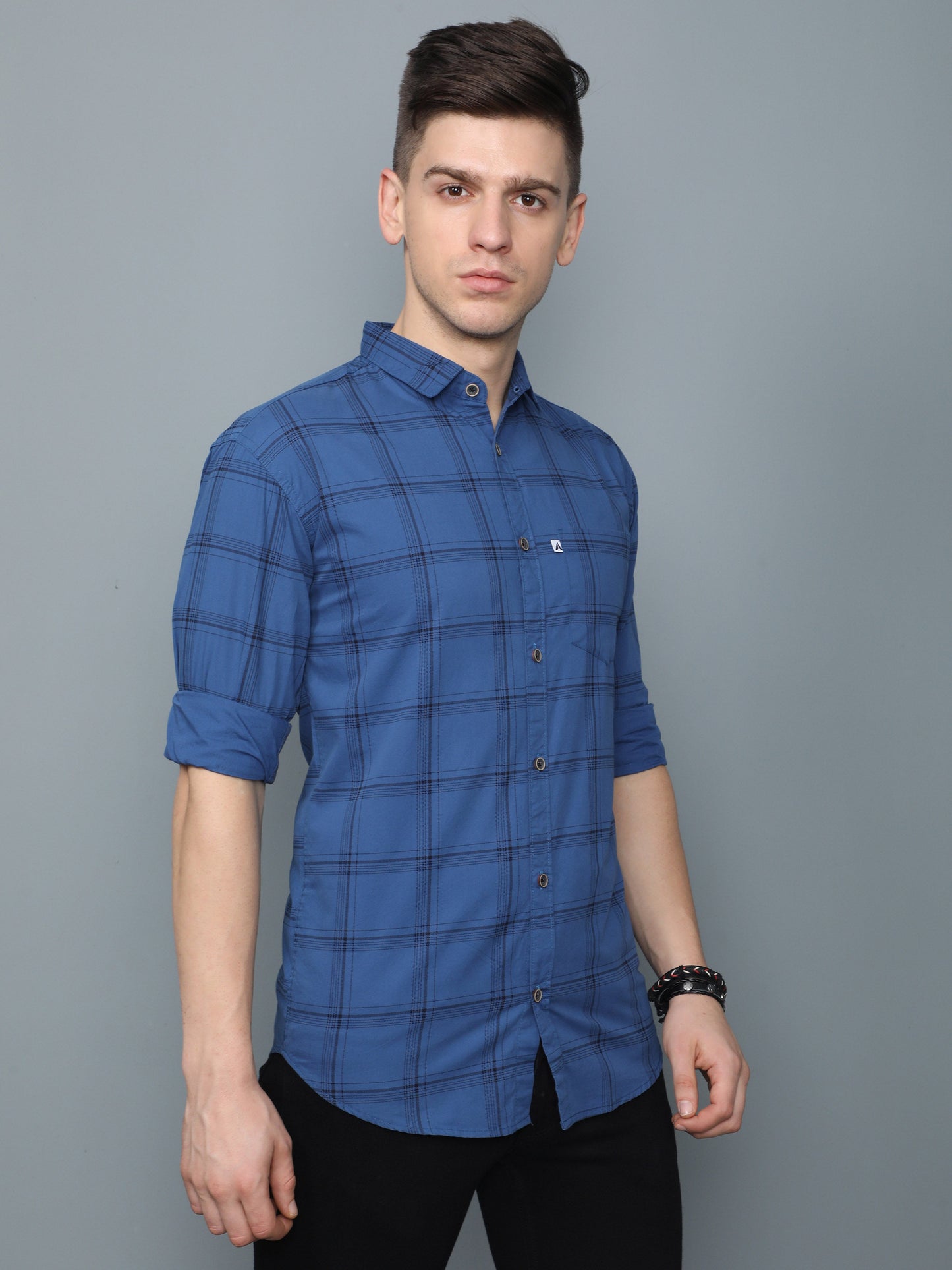 6line Navy Cotton Blend Checks Shirt For Men