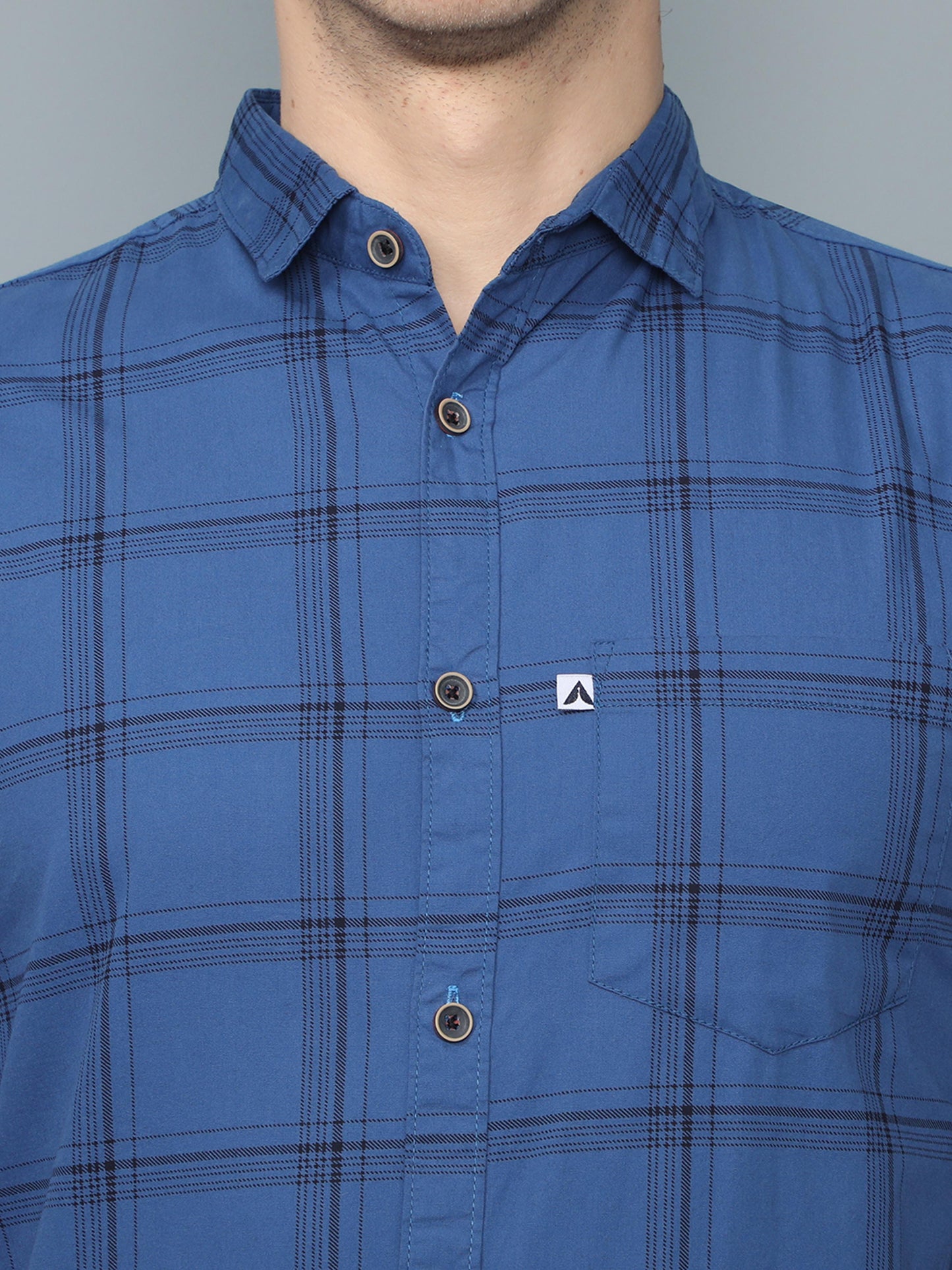 6line Navy Cotton Blend Checks Shirt For Men