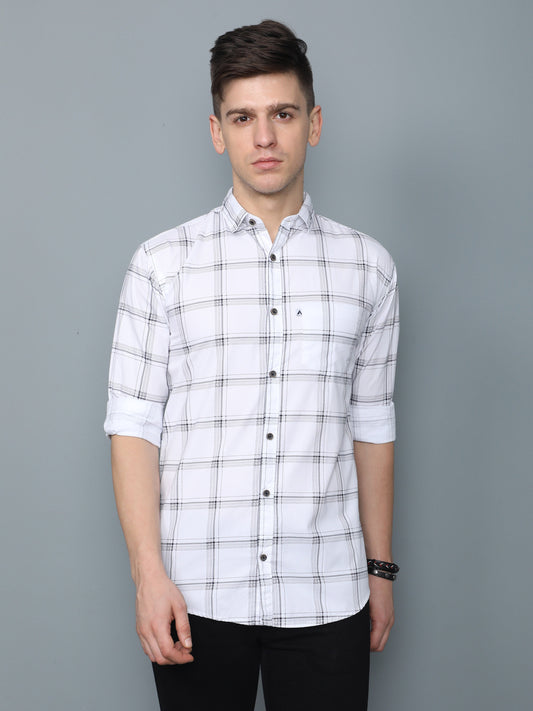 6line White Cotton Blend Checks Shirt For Men