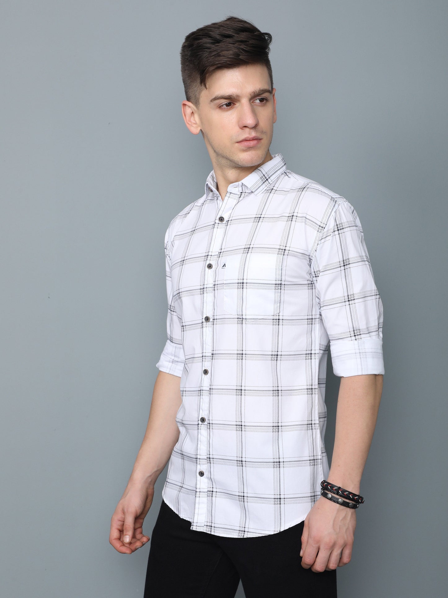 6line White Cotton Blend Checks Shirt For Men