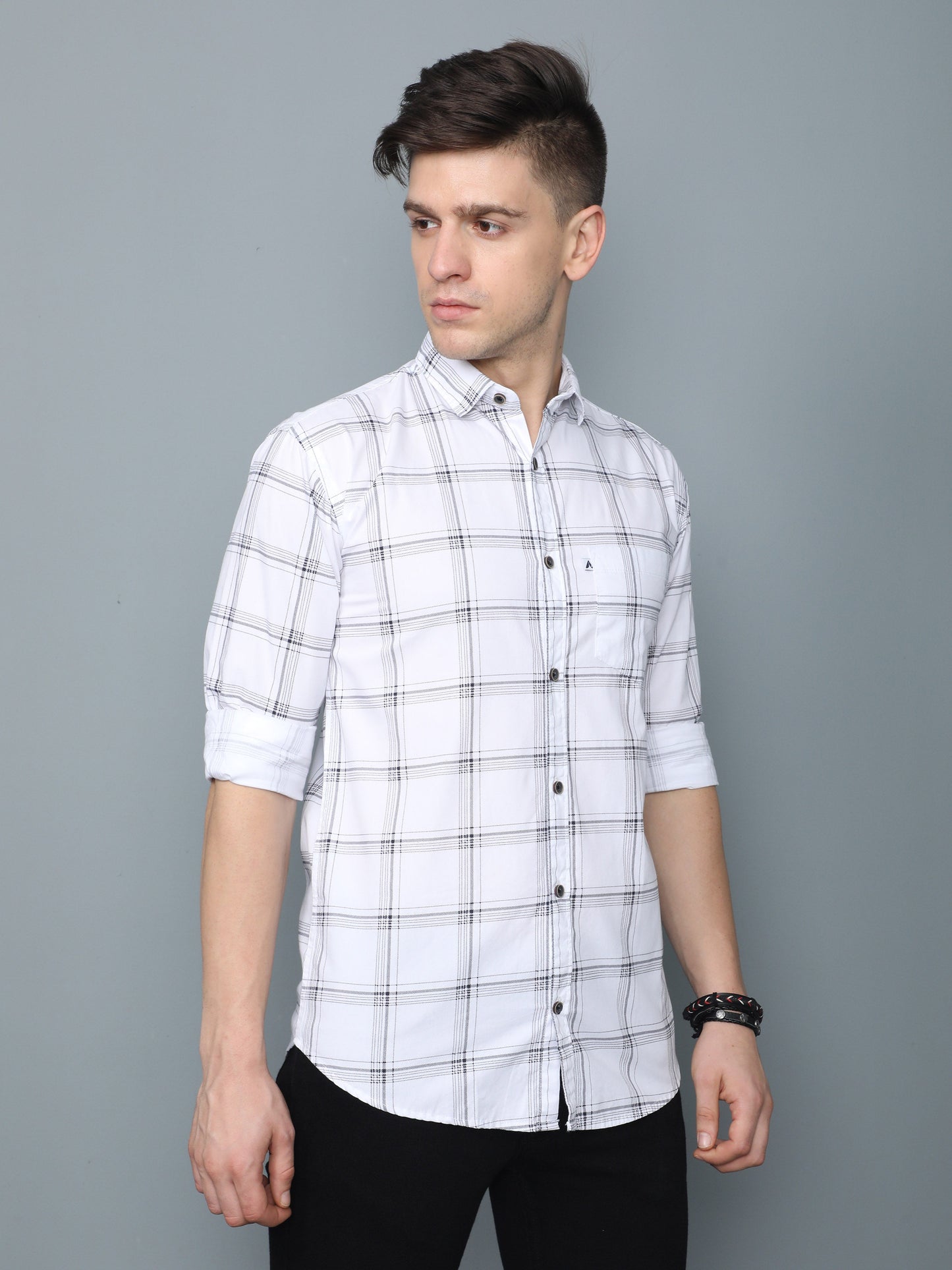 6line White Cotton Blend Checks Shirt For Men