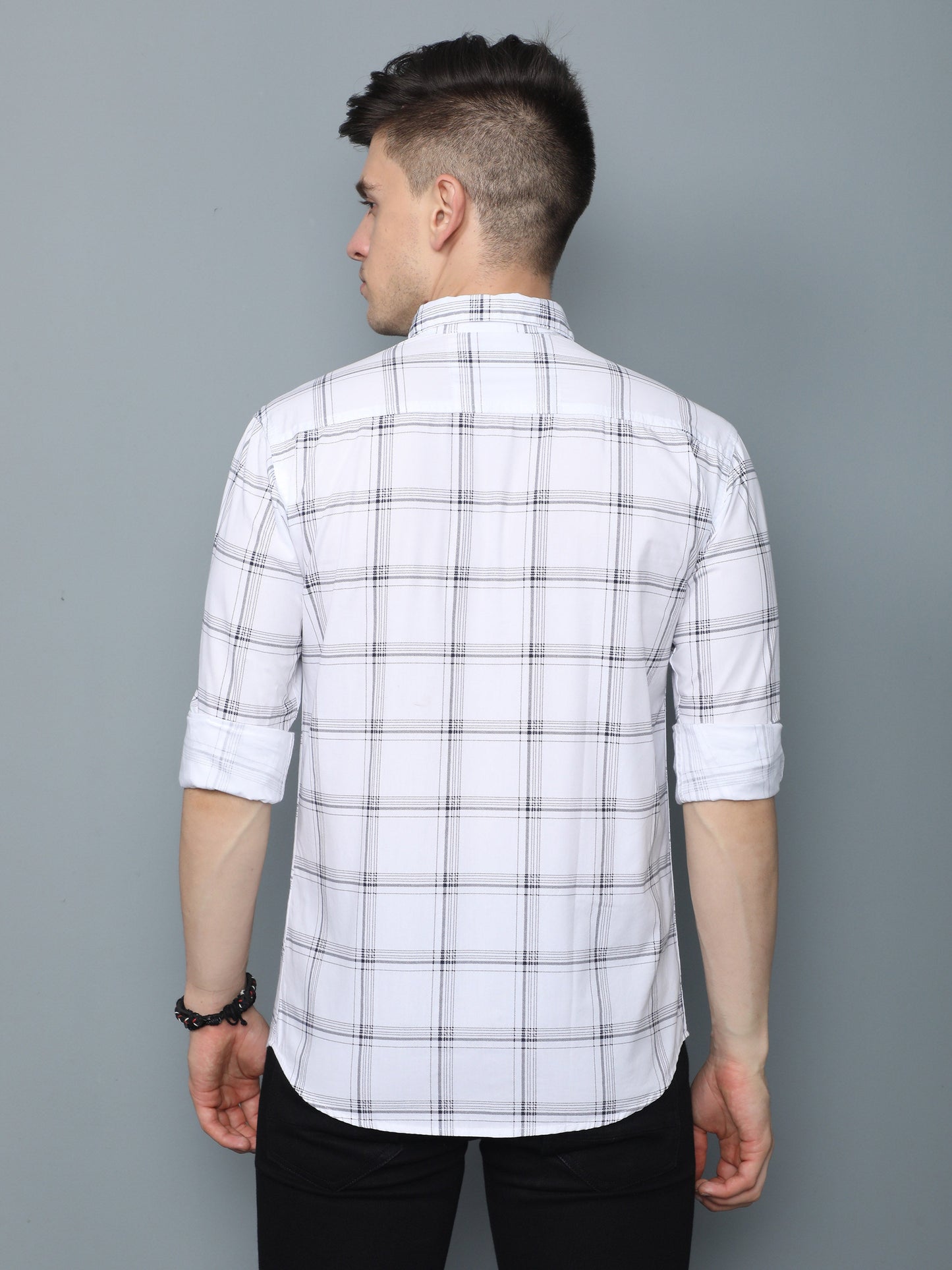 6line White Cotton Blend Checks Shirt For Men