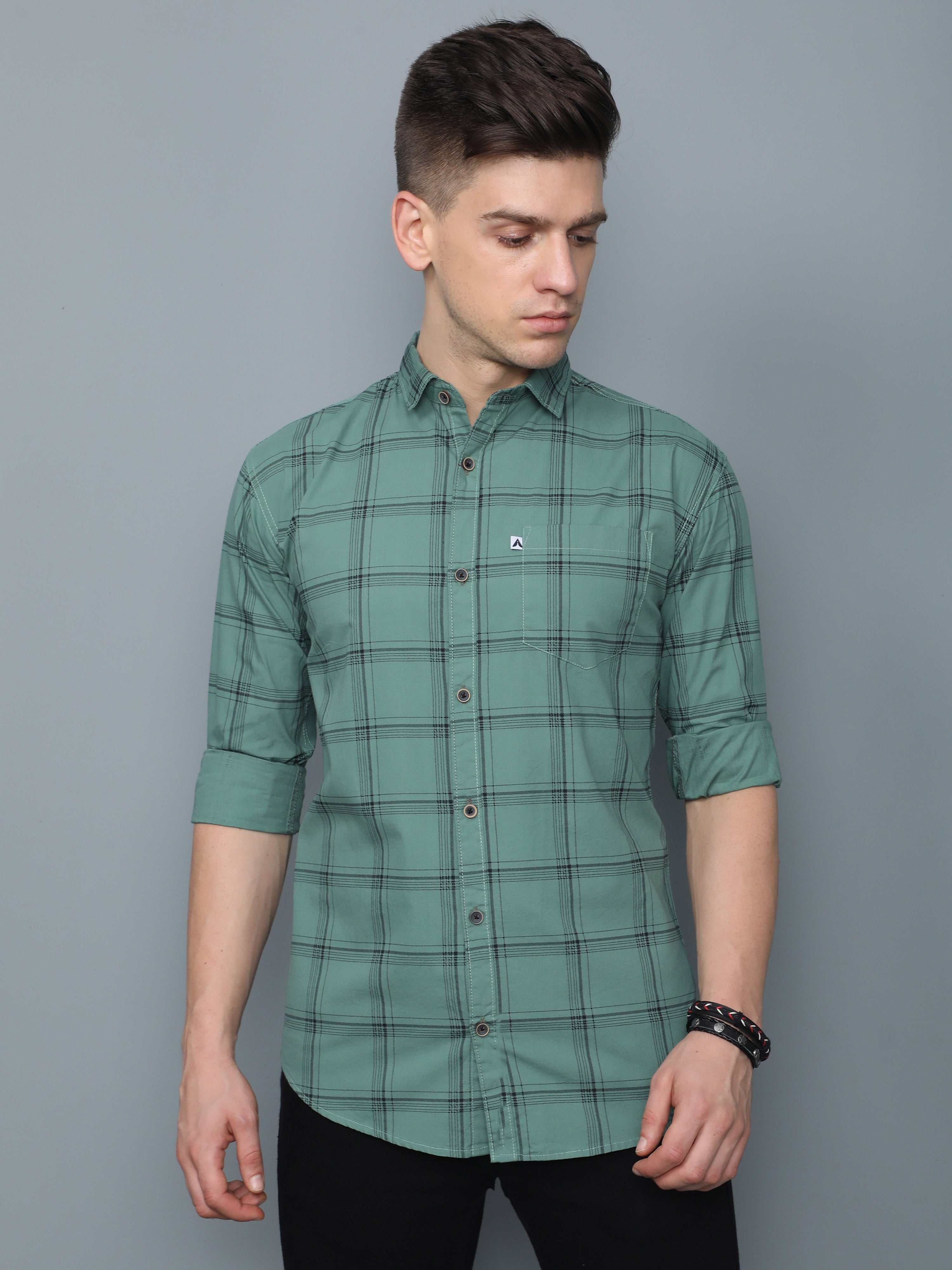 6line Green Cotton Blend Checks Shirt For Men