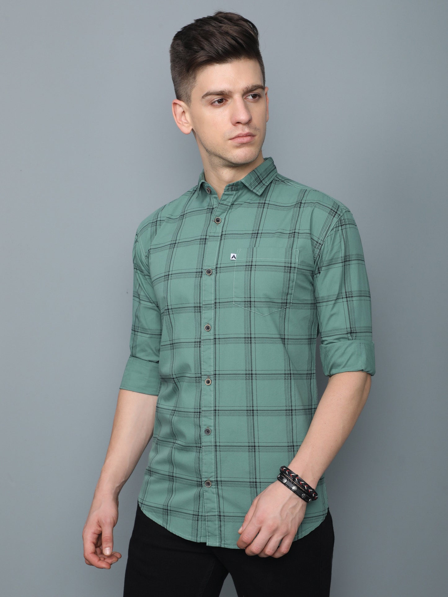 6line Green Cotton Blend Checks Shirt For Men