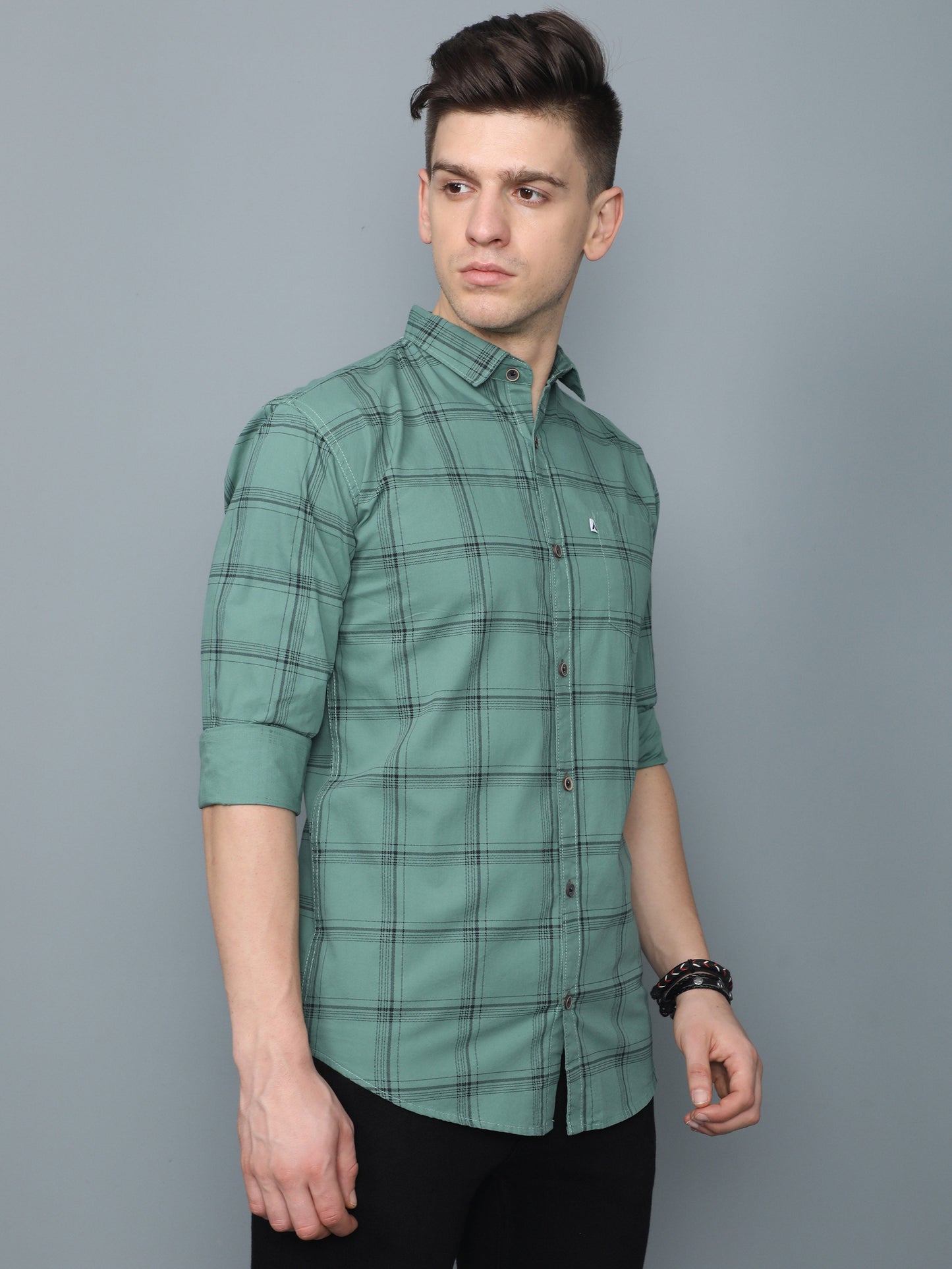 6line Green Cotton Blend Checks Shirt For Men