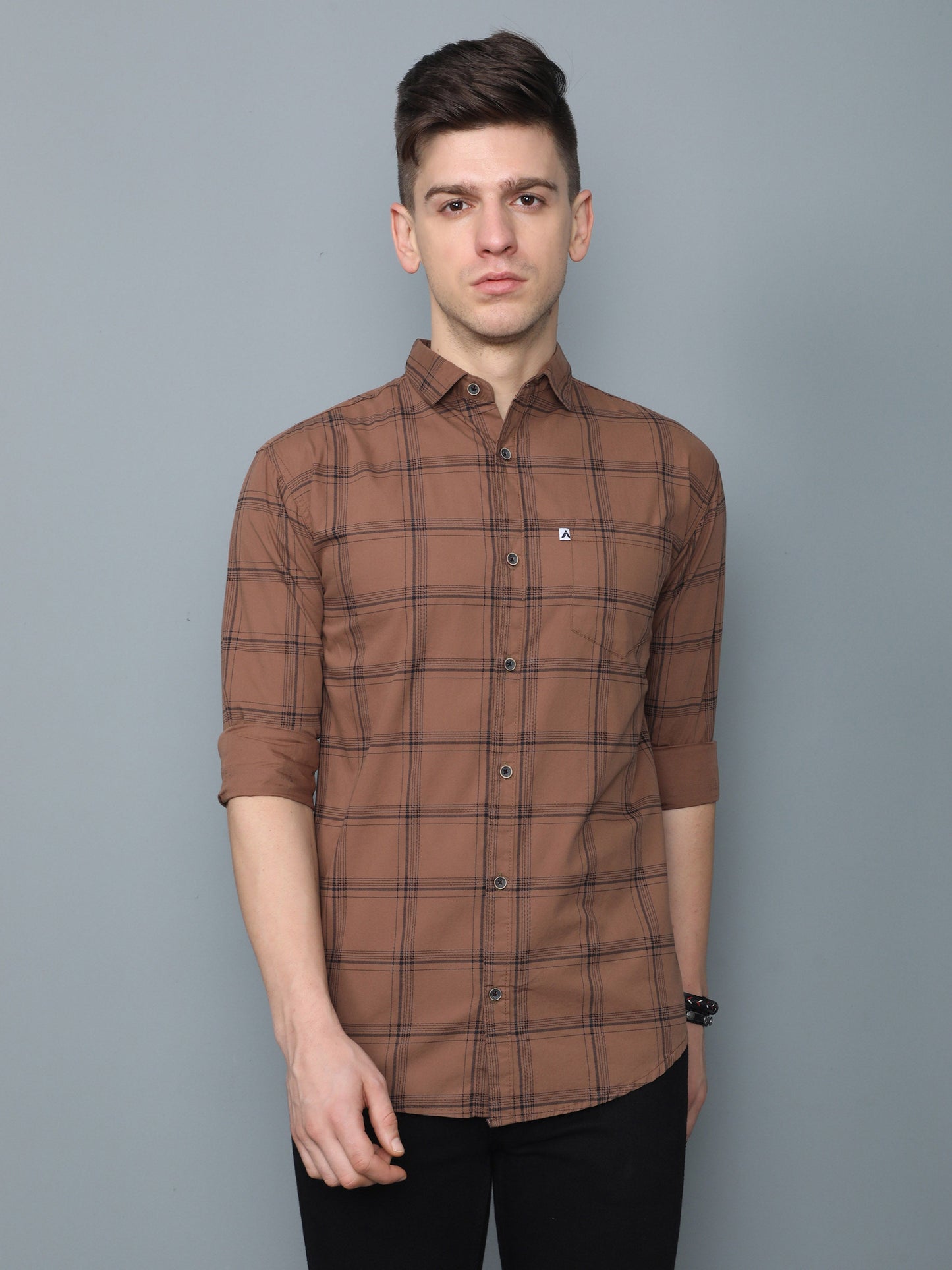 6line Brown Cotton Blend Checks Shirt For Men