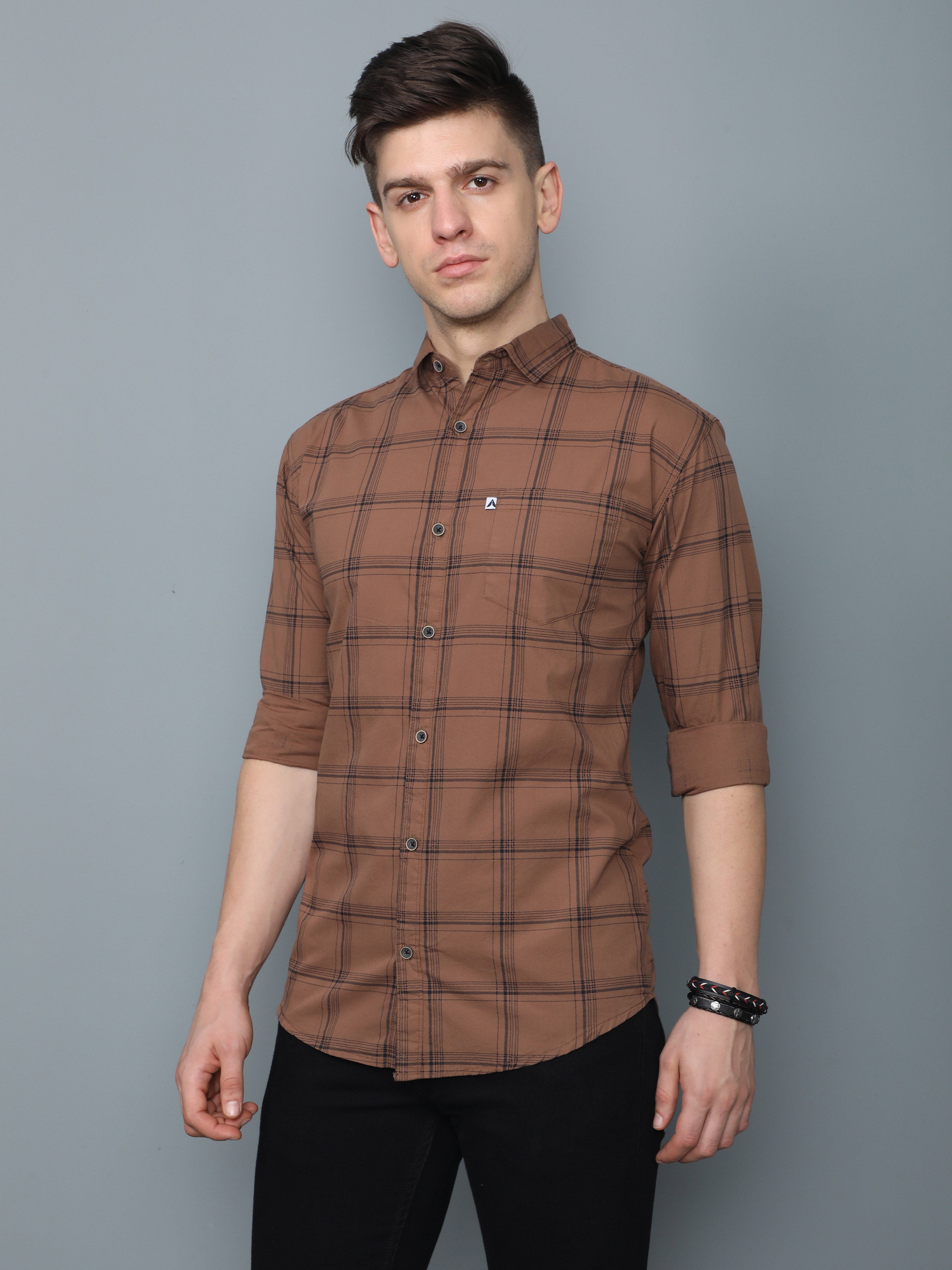 6line Brown Cotton Blend Checks Shirt For Men