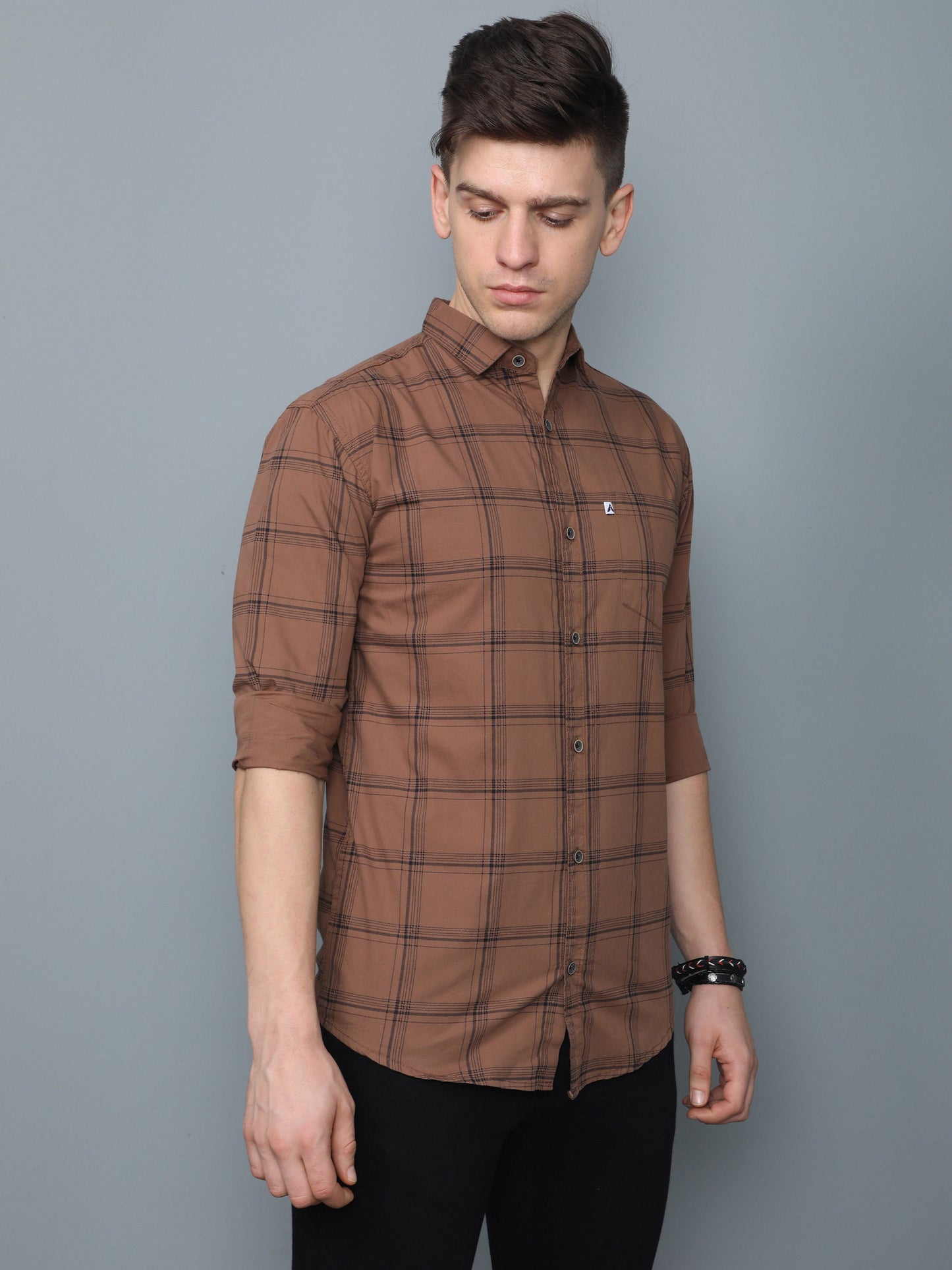 6line Brown Cotton Blend Checks Shirt For Men