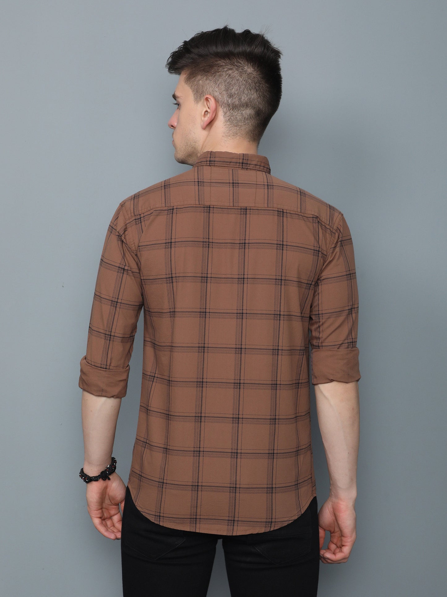 6line Brown Cotton Blend Checks Shirt For Men