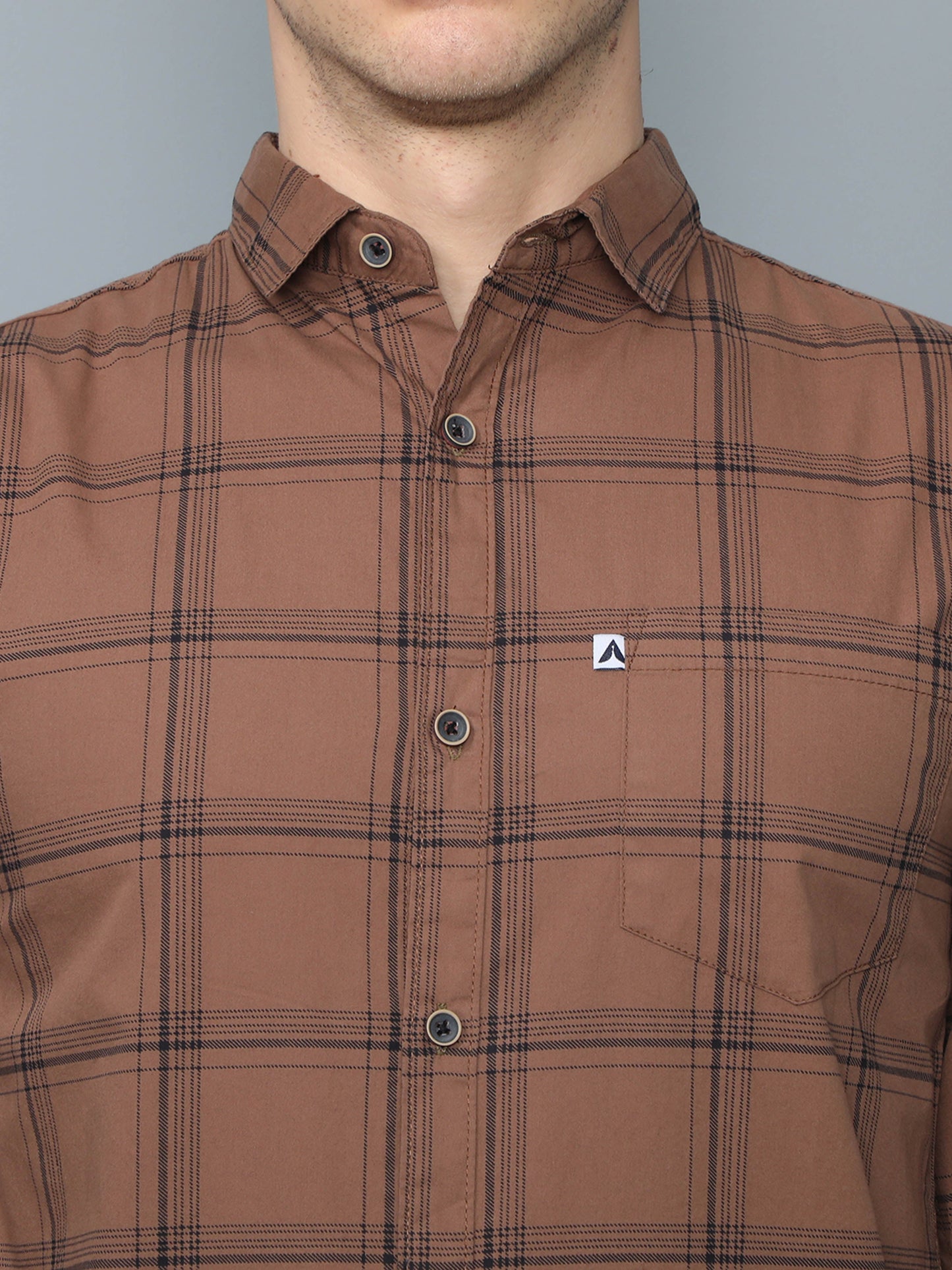 6line Brown Cotton Blend Checks Shirt For Men