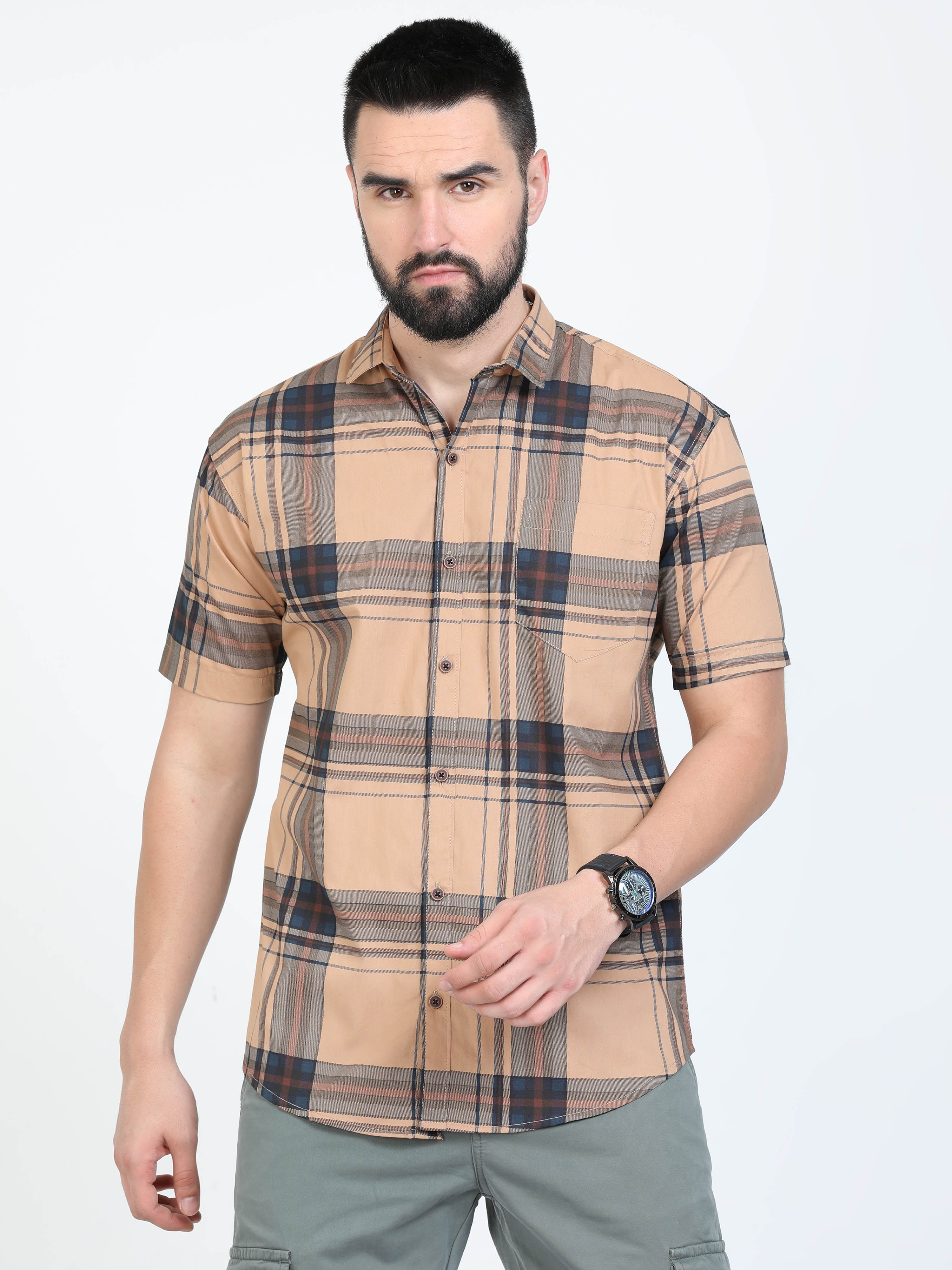 Broadchecks Orange Cotton Blend Checks Half Sleeve Shirt For Men