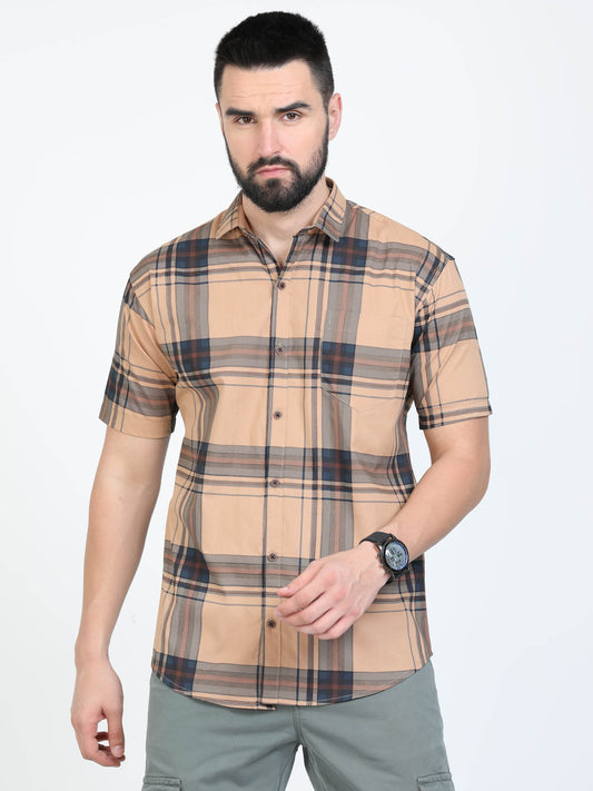 Broadchecks Orange Cotton Blend Checks Half Sleeve Shirt For Men