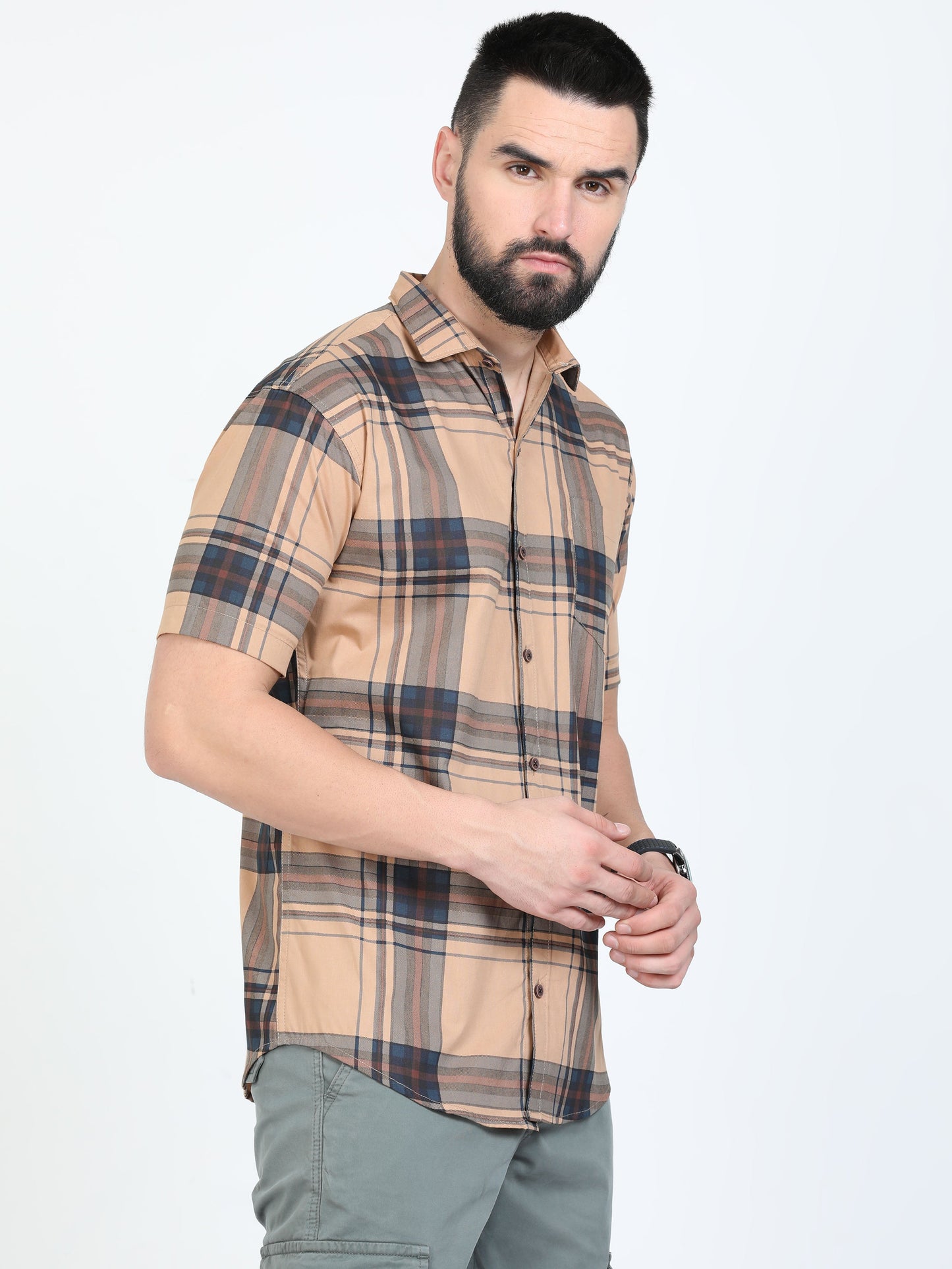 Broadchecks Orange Cotton Blend Checks Half Sleeve Shirt For Men