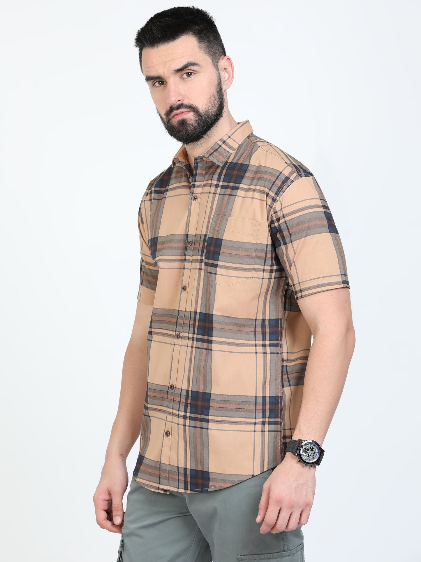 Broadchecks Orange Cotton Blend Checks Half Sleeve Shirt For Men