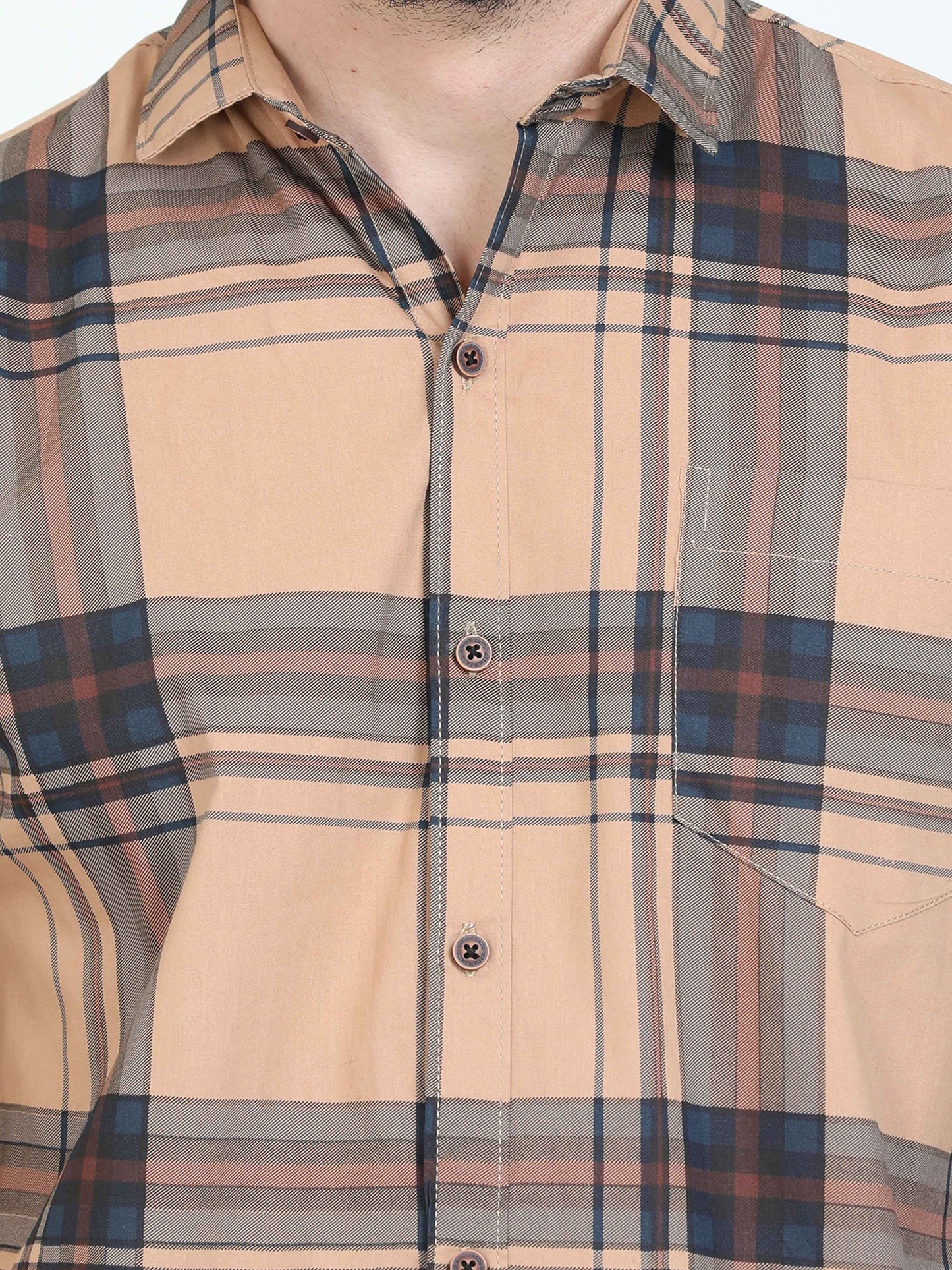 Broadchecks Orange Cotton Blend Checks Half Sleeve Shirt For Men